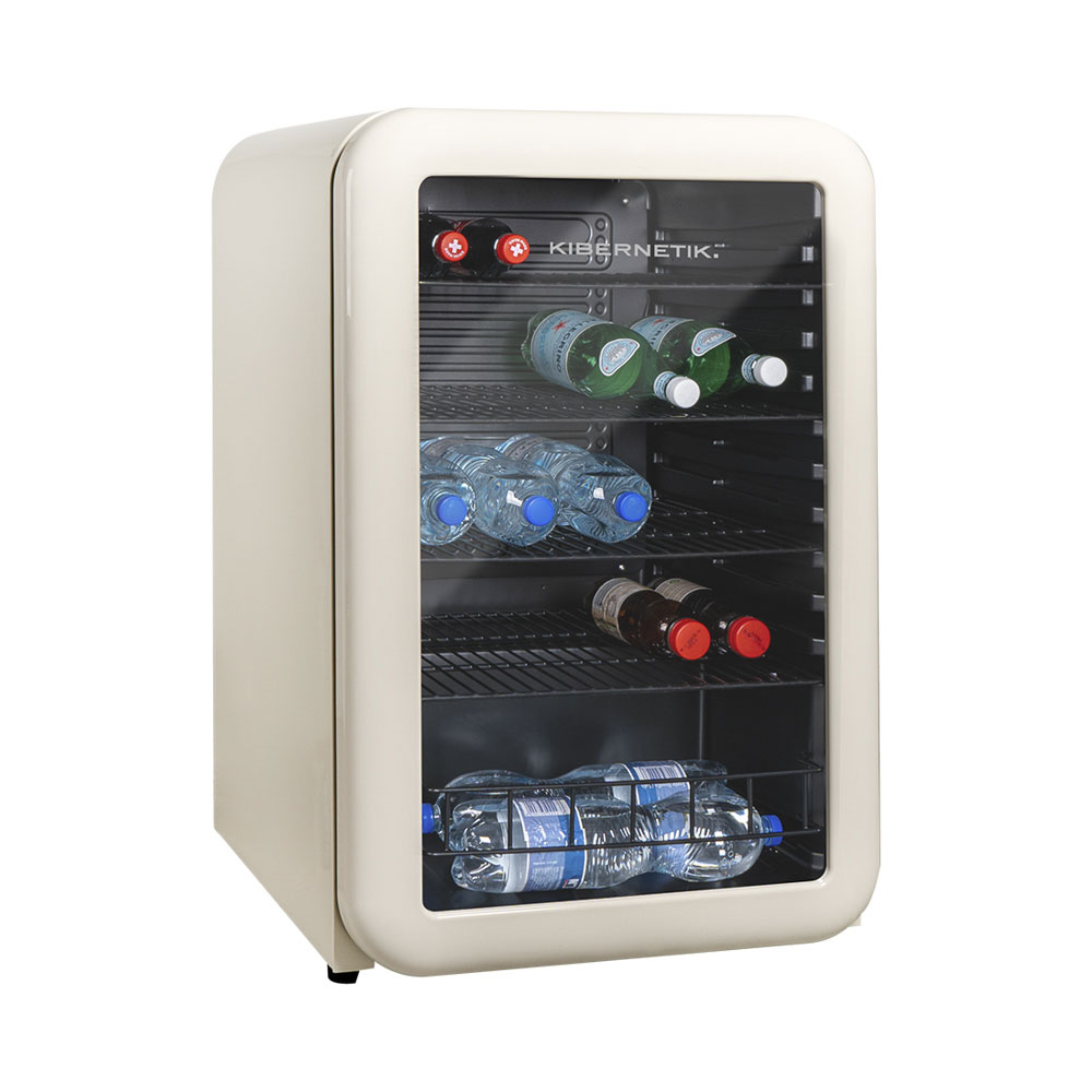 Un mini frigo color crema con porta in vetro pieno di bottiglie.