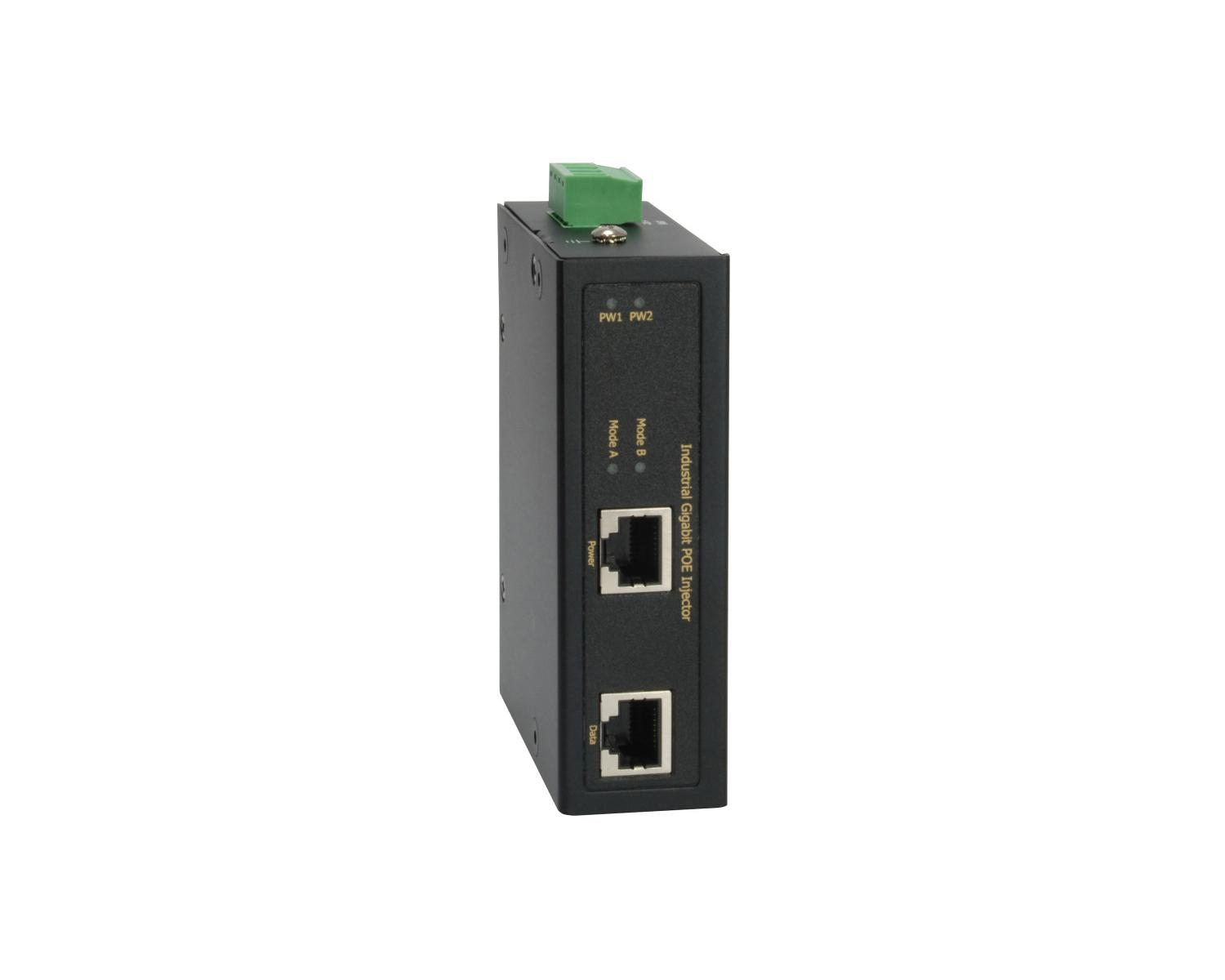 Czarny przemysłowy iniektor PoE gigabit z zielonym blokiem zacisków i dwoma portami RJ45.