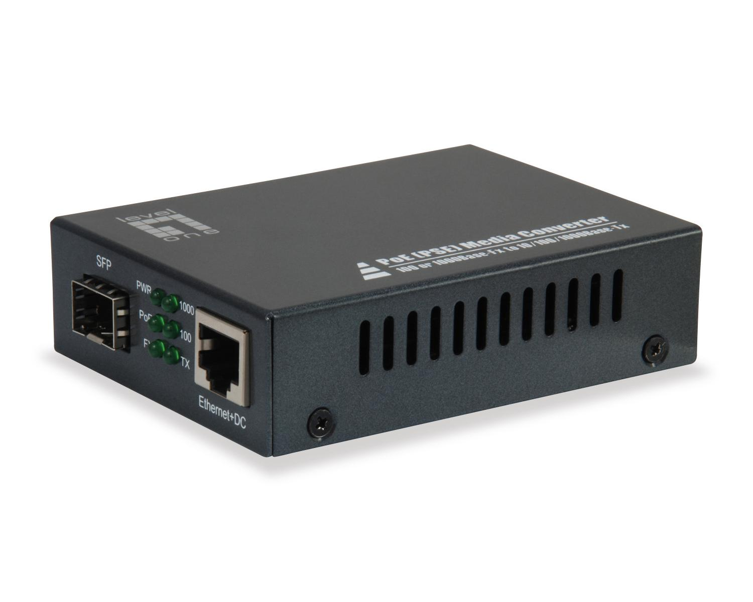 Un convertitore di media PoE nero con porte SFP ed Ethernet e LED di stato.