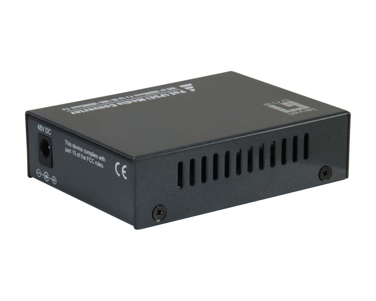 Convertitore multimediale nero con ingresso 48V DC, marchio CE e fessure di ventilazione.