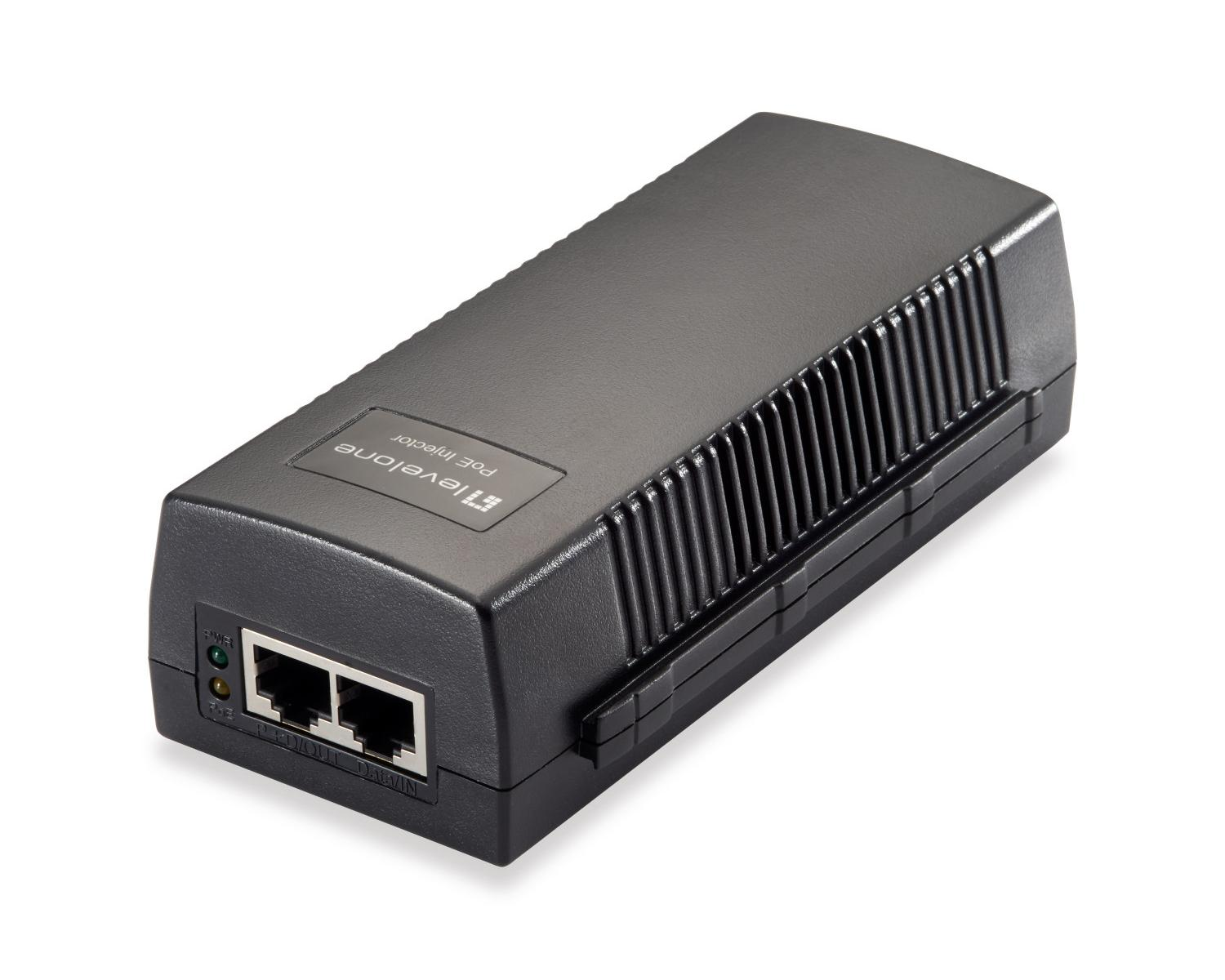 Un iniettore PoE nero con due porte Ethernet e due spie luminose.
