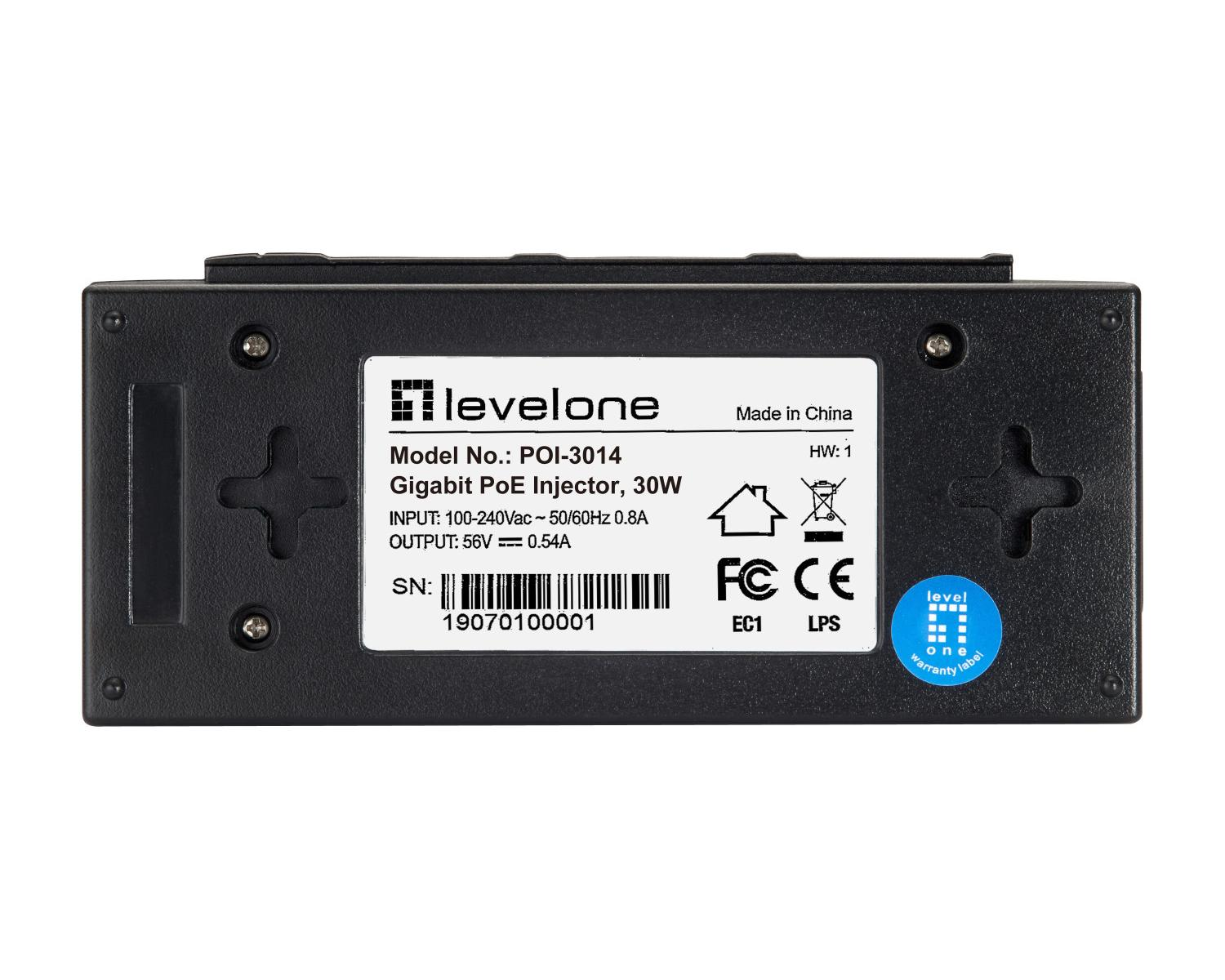 Iniettore PoE Gigabit LevelOne POI-3014 nero. Mostra specifiche di input/output e numero di serie.