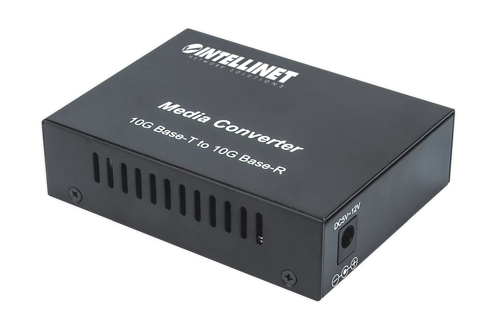 Convertitore multimediale nero Intellinet, 10G Base-T a 10G Base-R, con fessure di ventilazione.