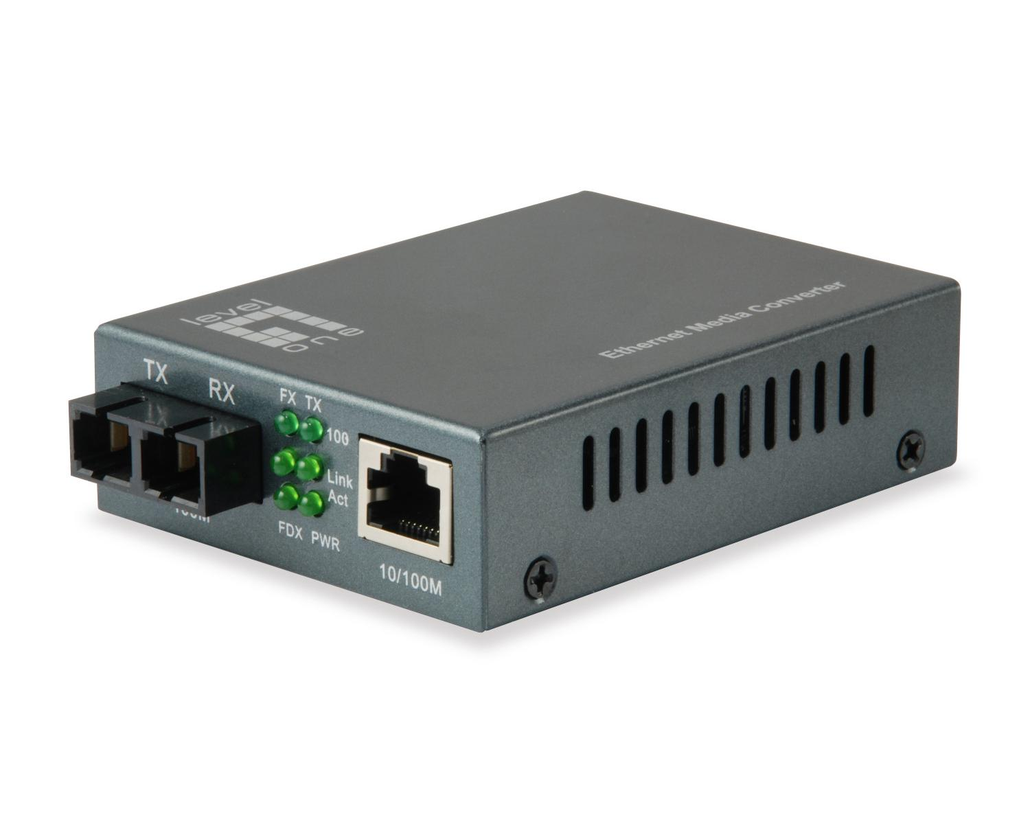 Convertitore multimediale Ethernet grigio con porte TX/RX, LED e indicatore 10/100M.