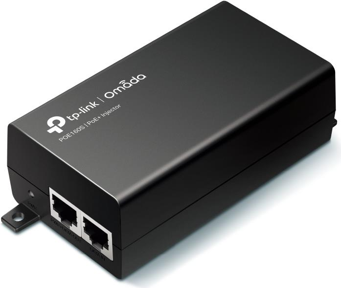 Un iniettore PoE+ TP-Link Omada nero con due porte Ethernet.