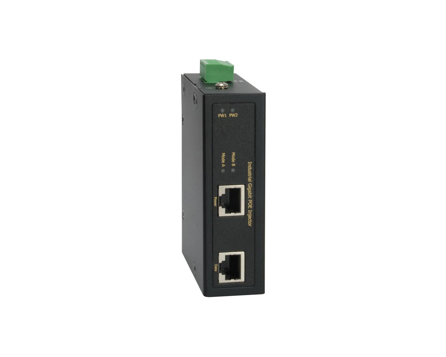 Czarny przemysłowy wtryskiwacz PoE Gigabit z zielonym zaciskiem na górze i dwoma portami Ethernet.