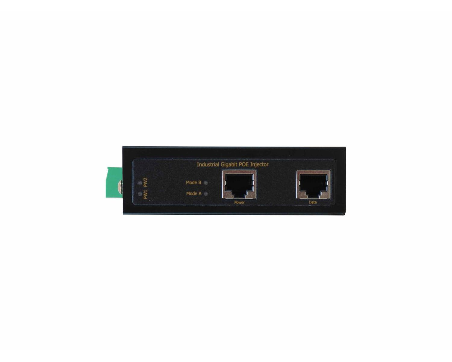 Czarny przemysłowy iniektor PoE Gigabit z dwoma portami Ethernet oznaczonymi Power i Data.