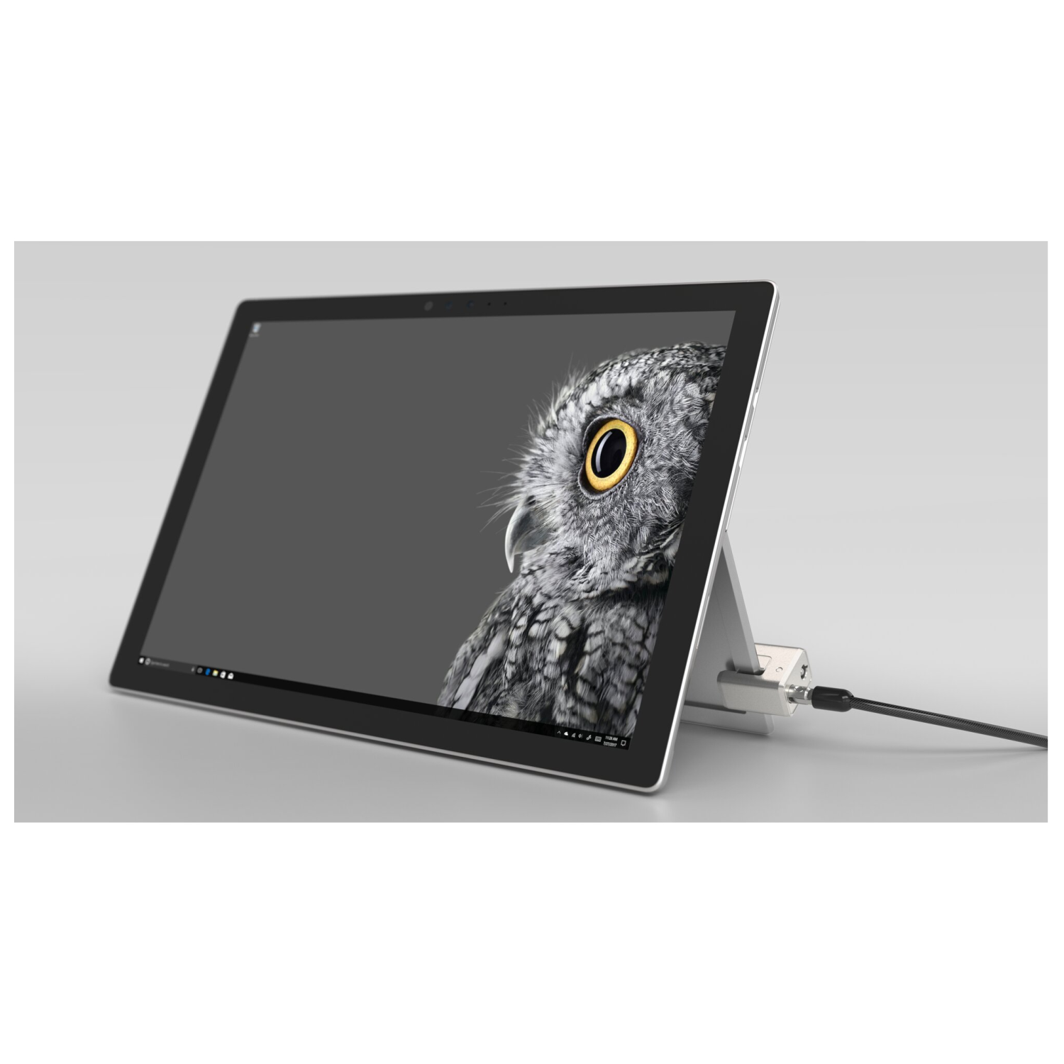 Un tablet che mostra un gufo, con un lucchetto di sicurezza attaccato.