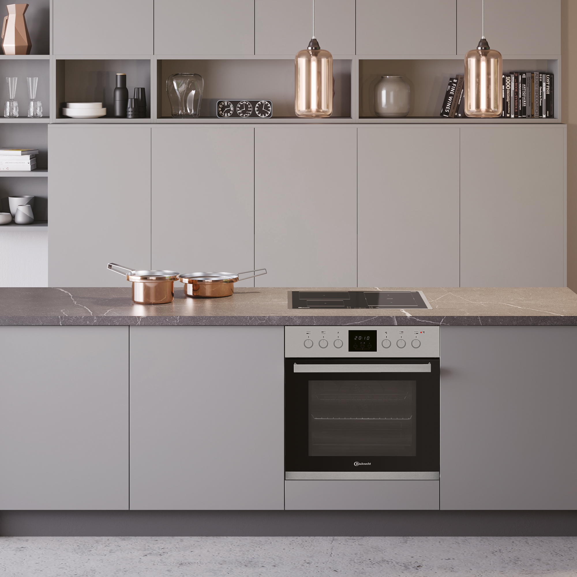 Moderne Küche mit Kupfertopf, Kochfeld und Ofen.