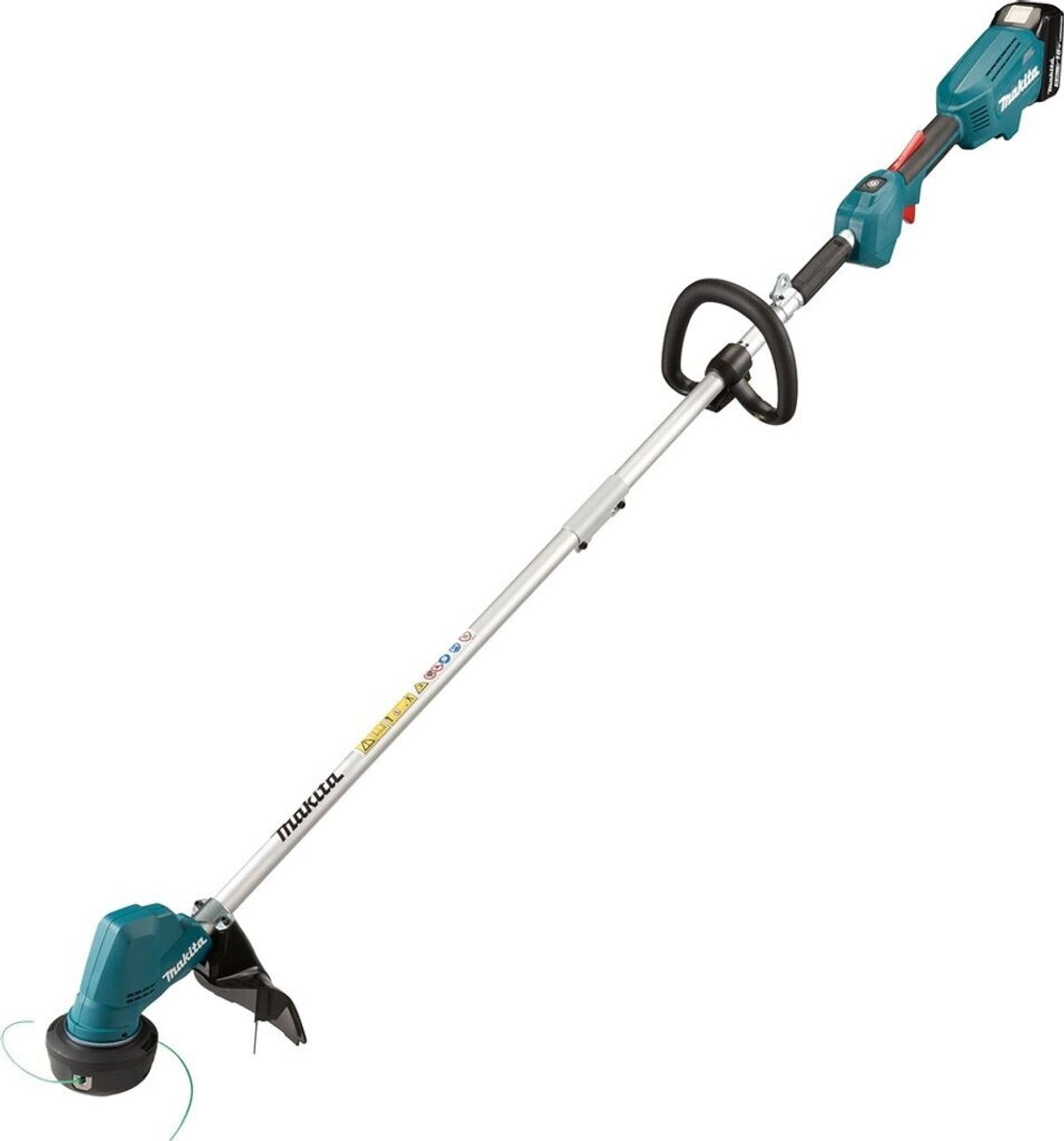 Ein blauer und silberner Akku-Trimmer mit Griff und Schneidkopf.