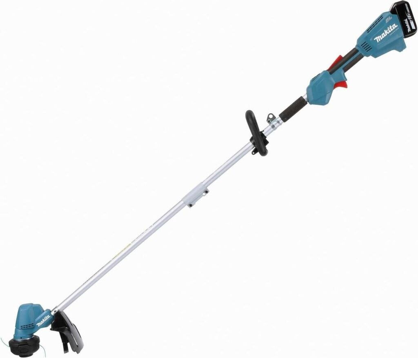 Ein blauer und silberner Akku-Rasentrimmer mit schwarzem Griff und Schutz.