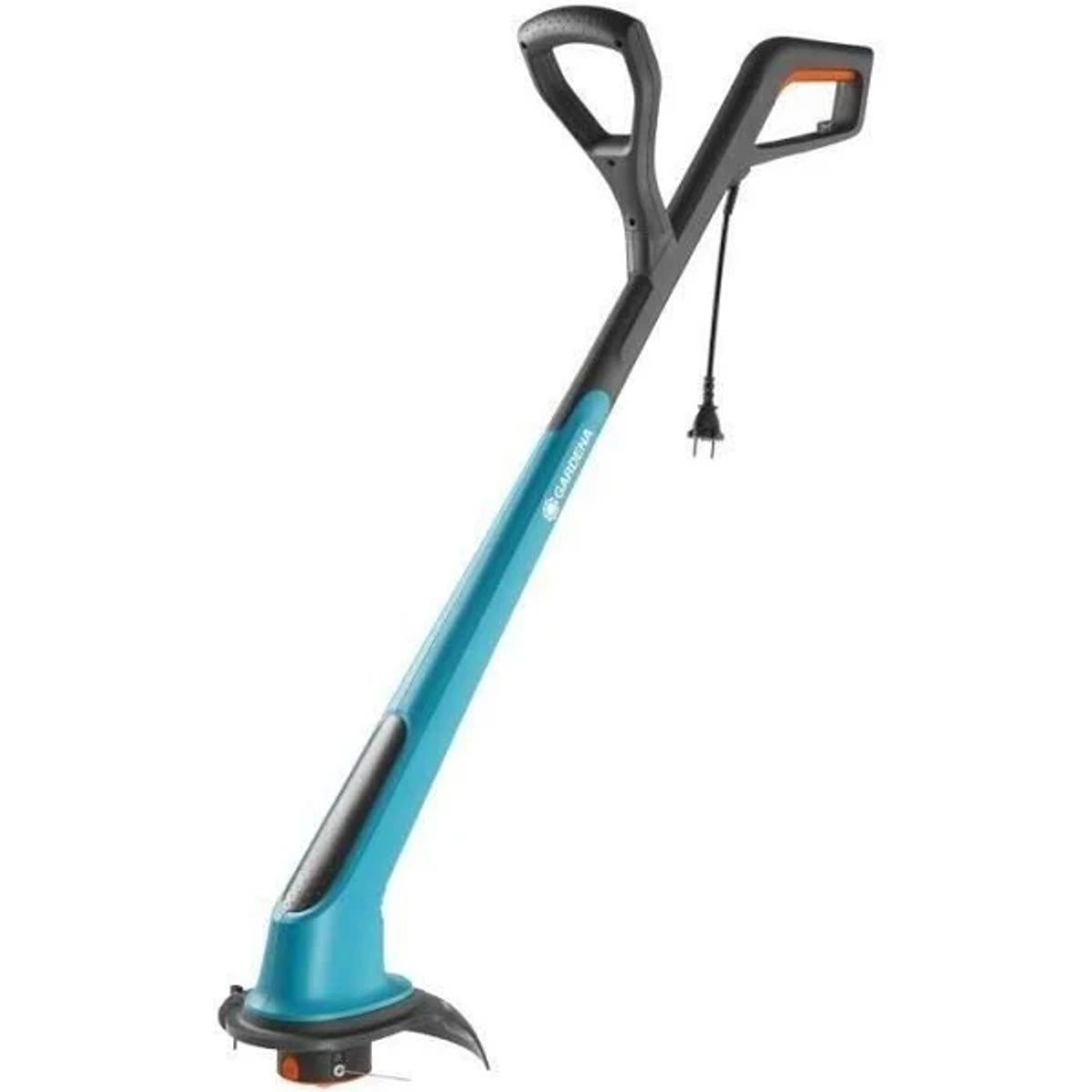 Ein blauer und schwarzer Rasentrimmer mit einem Stromkabel.