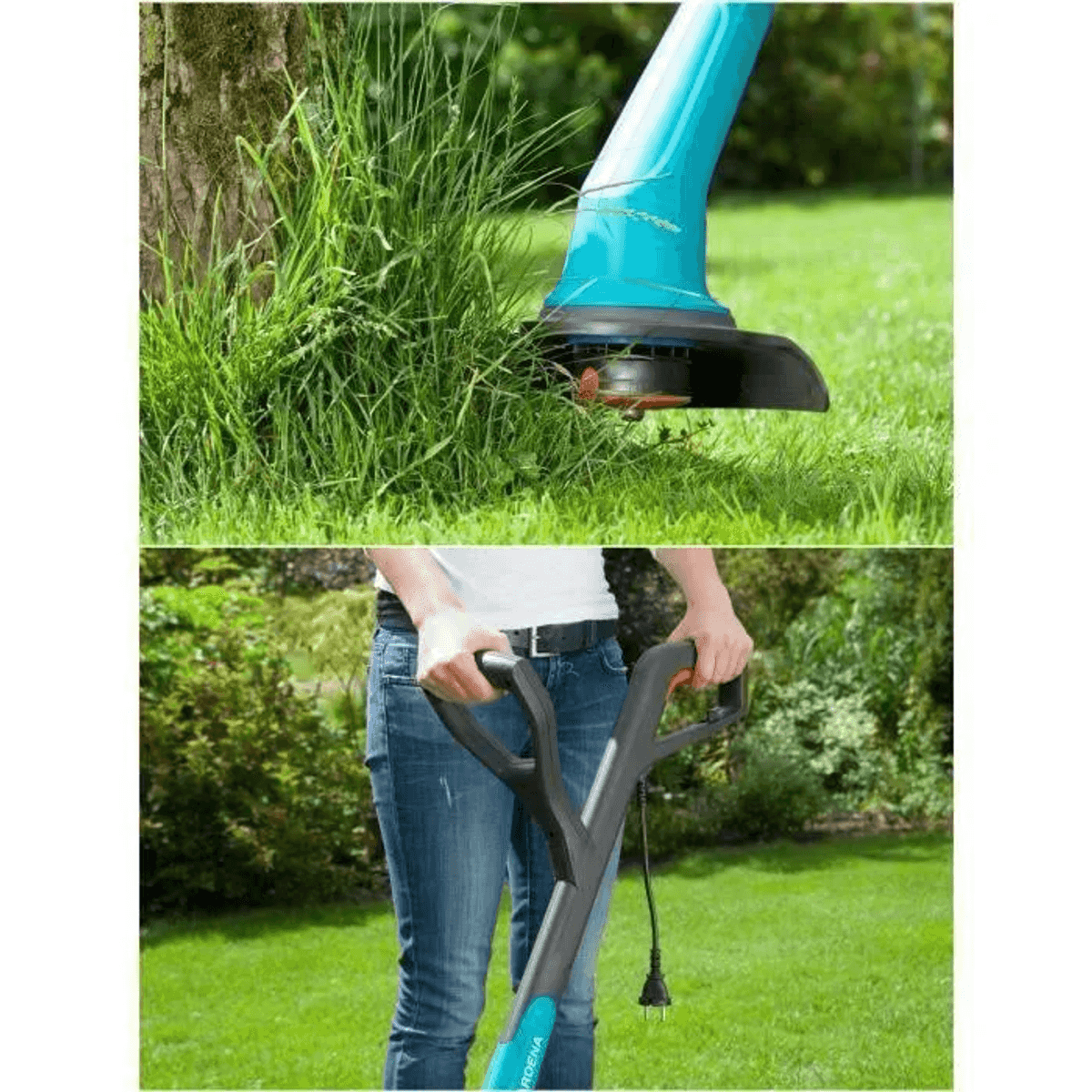 Nahaufnahme eines Rasentrimmers, der hohes Gras neben einem Baumstamm schneidet. Unten hält eine Person den Trimmergriff.