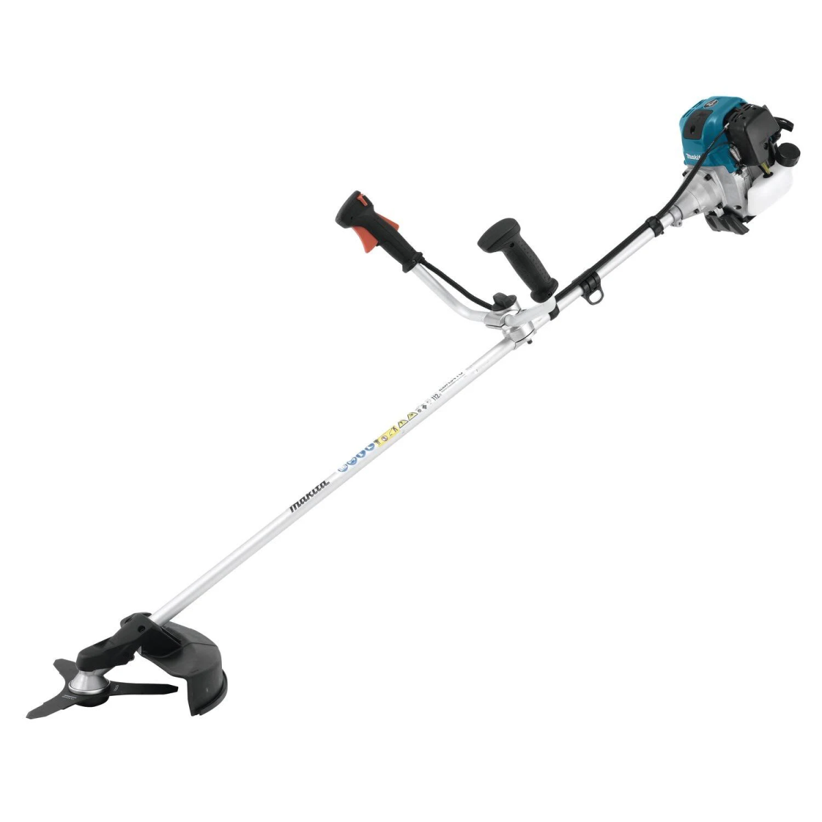 Een gasaangedreven bosmaaier met blauwe motor, zilveren schacht en snijkop.