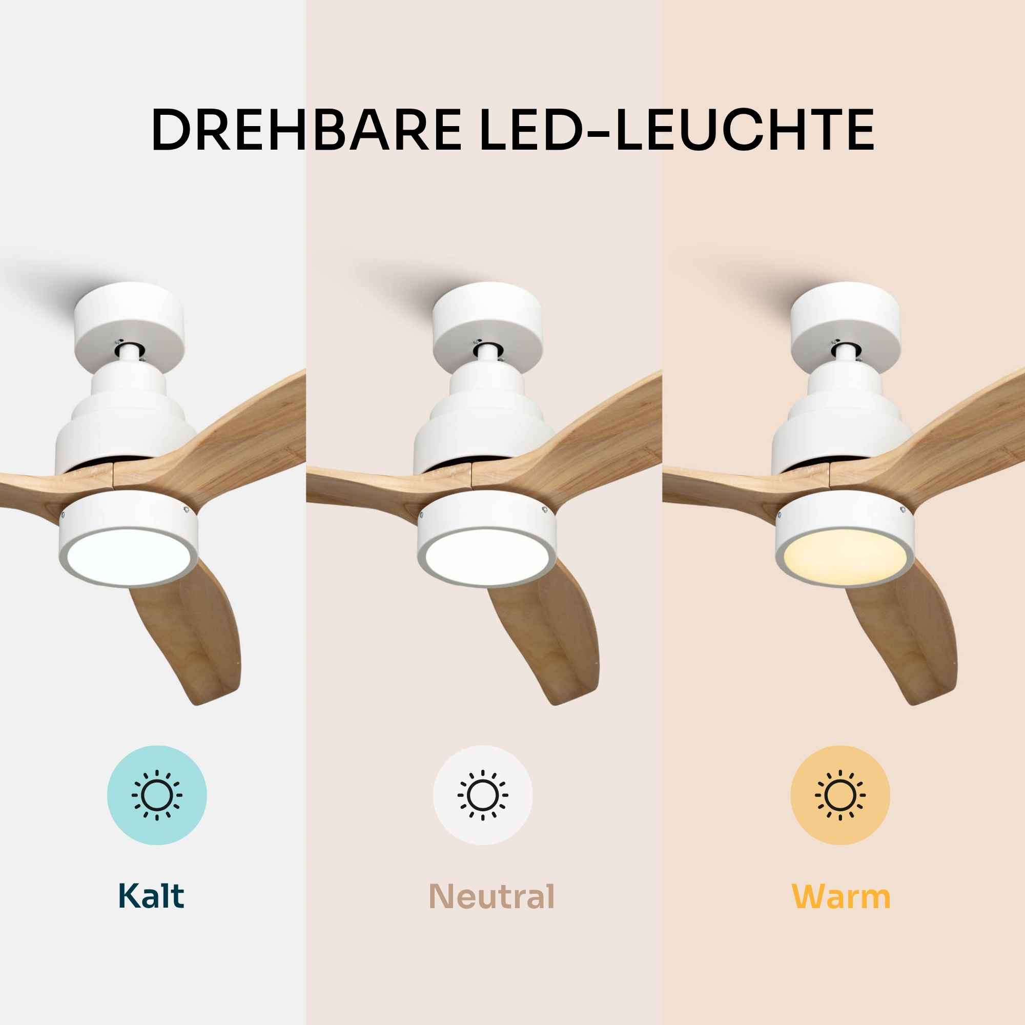 Weiße Deckenleuchte mit Holzflügeln in drei Lichtfarben: Kalt, Neutral, Warm.