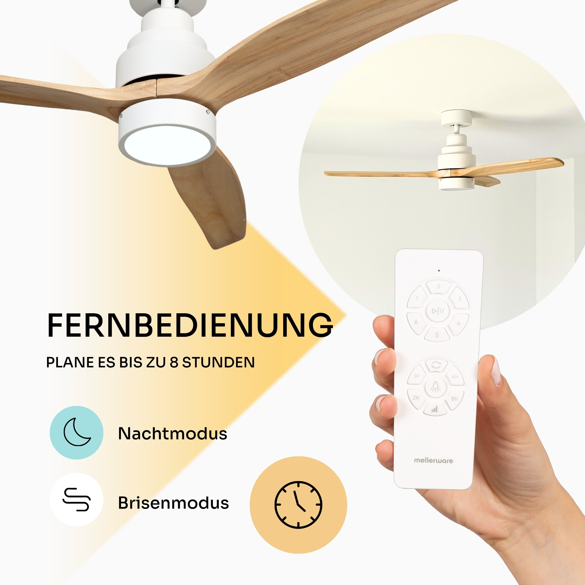Deckenventilator mit Holzblättern und Fernbedienung für Nacht- und Brisenmodus.