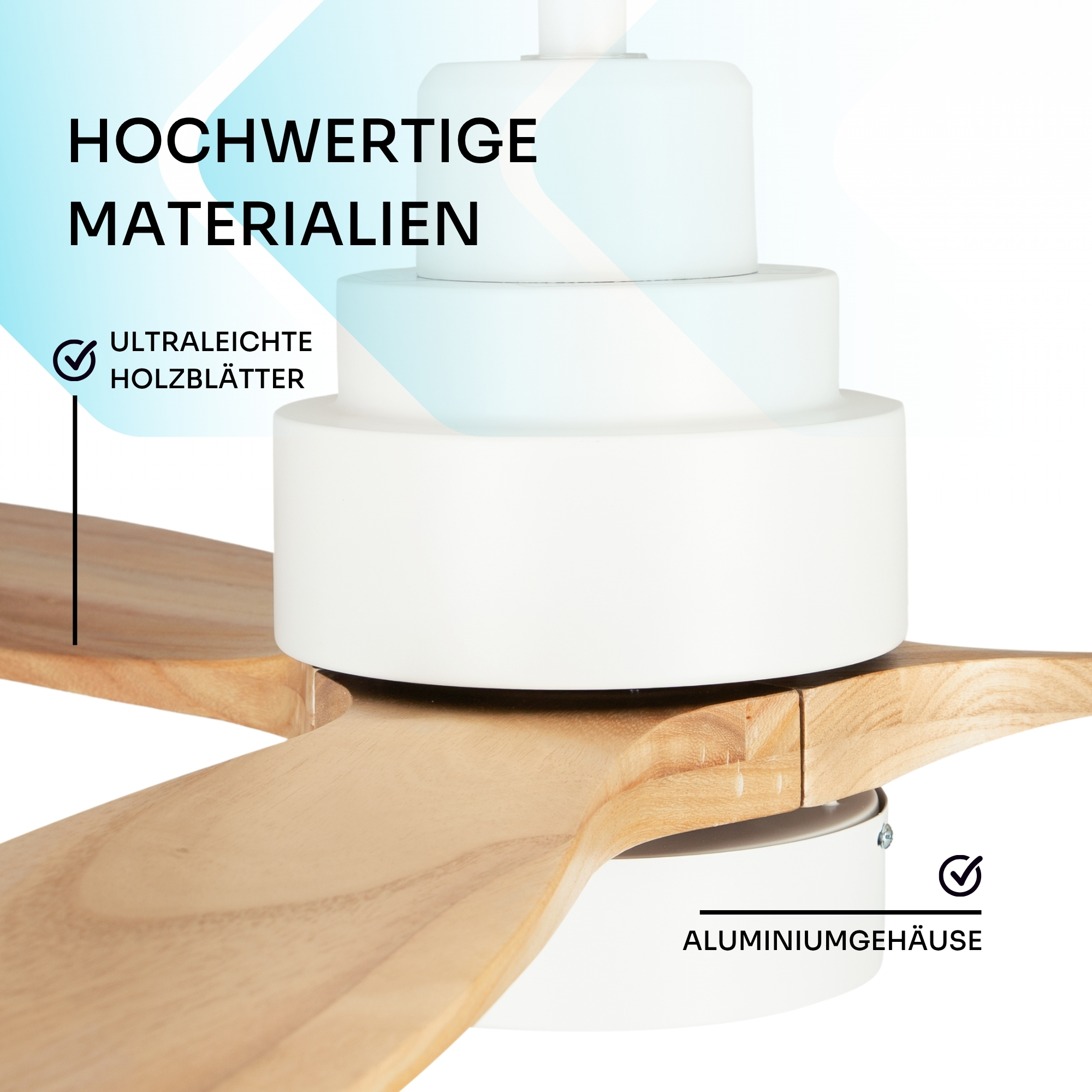 Weiße Deckenventilator-Einheit mit Holzflügeln und Aluminiumgehäuse.