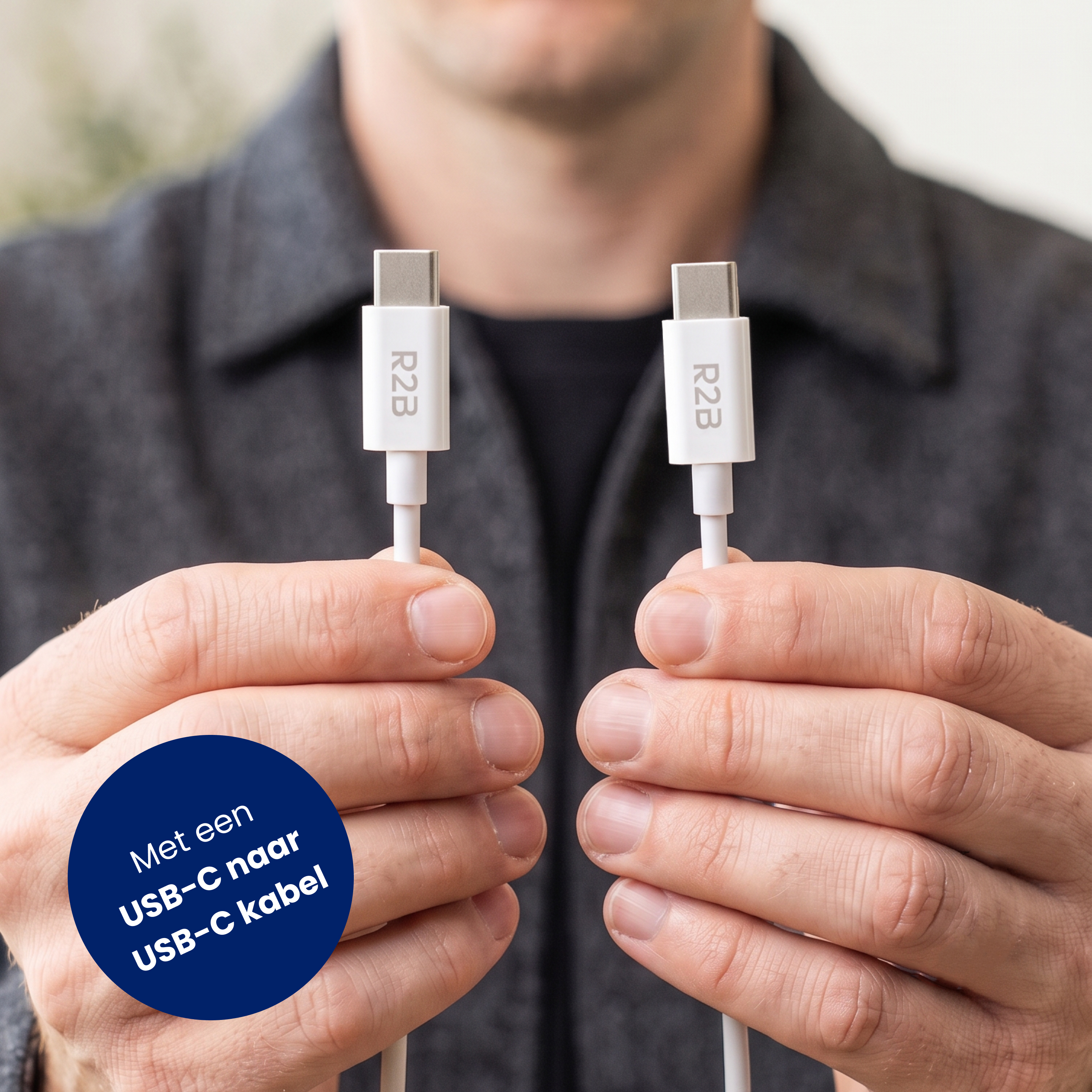 Zwei weiße USB-C-Kabel mit silbernen Anschlüssen werden von Händen gehalten.