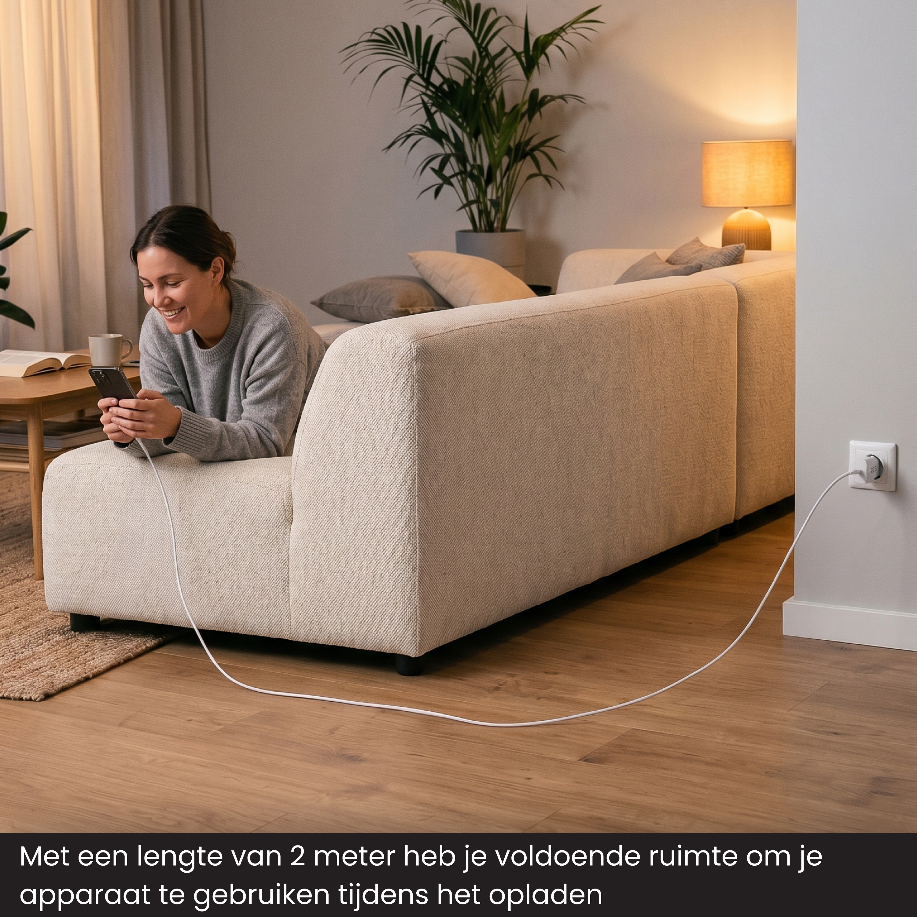Eine Frau liegt auf einem Sofa und benutzt ihr Handy, das an die Steckdose angeschlossen ist.