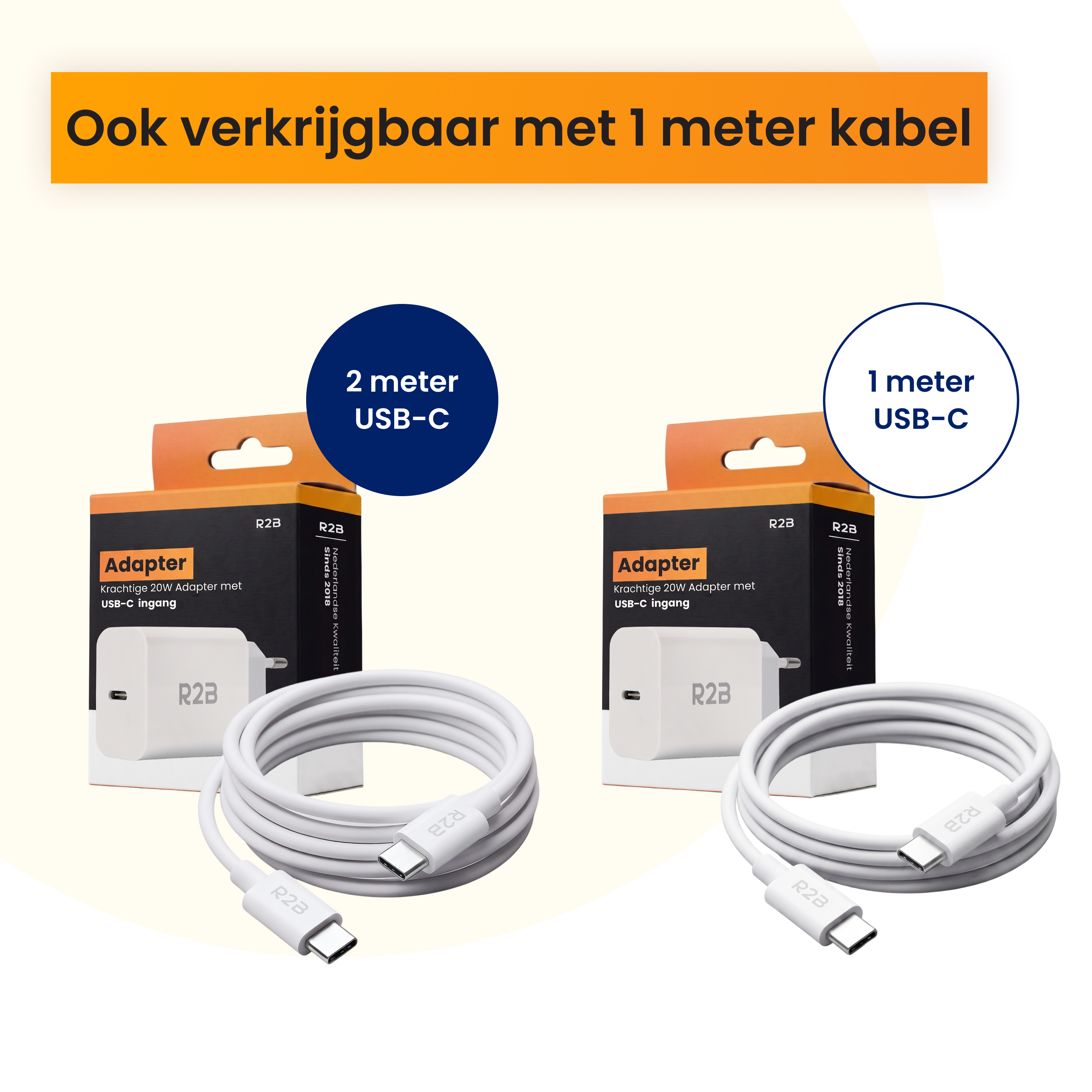 Zwei weiße R2B USB-C-Adapter mit Kabeln, 1m und 2m.