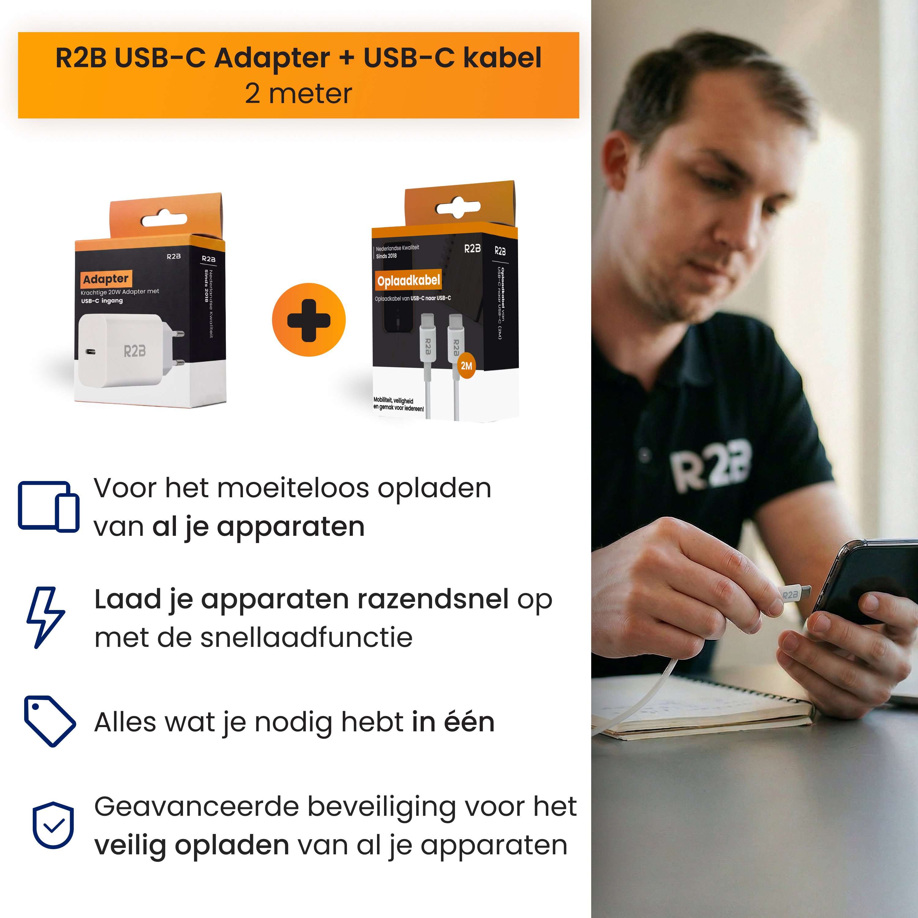 Mann lädt Smartphone mit R2B USB-C-Kabel und Adapter. Verpackungen und Text sind sichtbar.