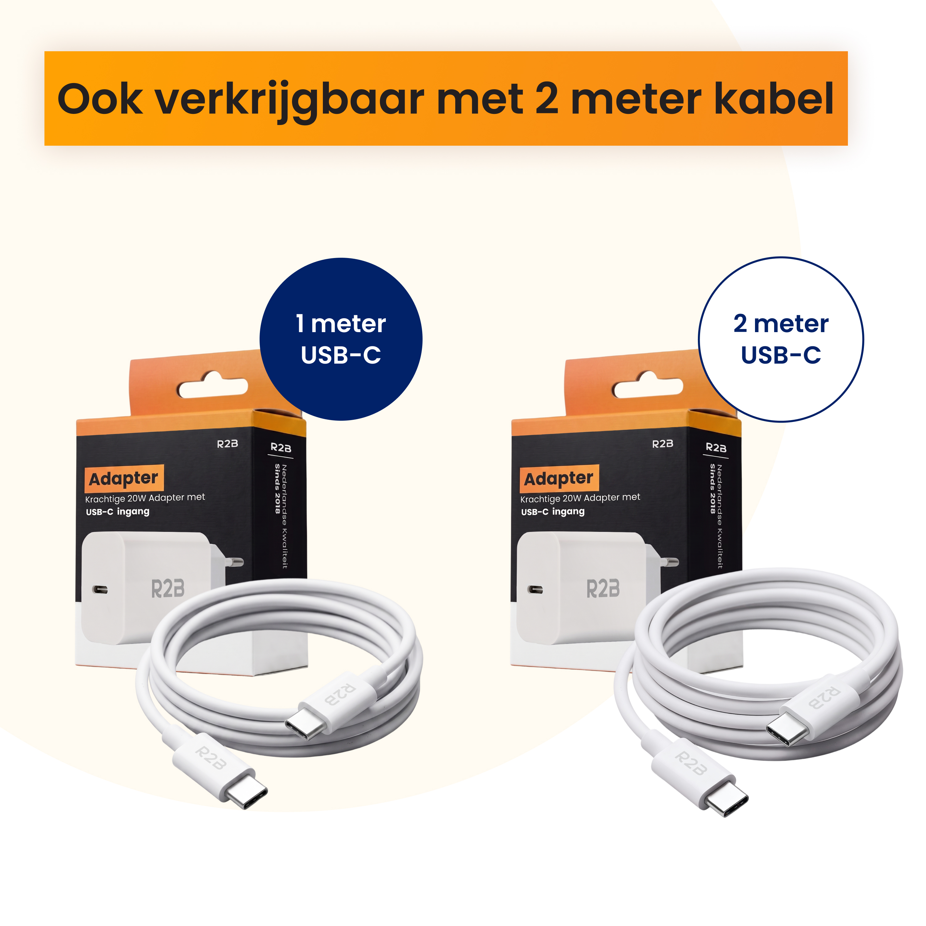 Twee R2B USB-C stroomadapters met kabels, één 1m, één 2m.
