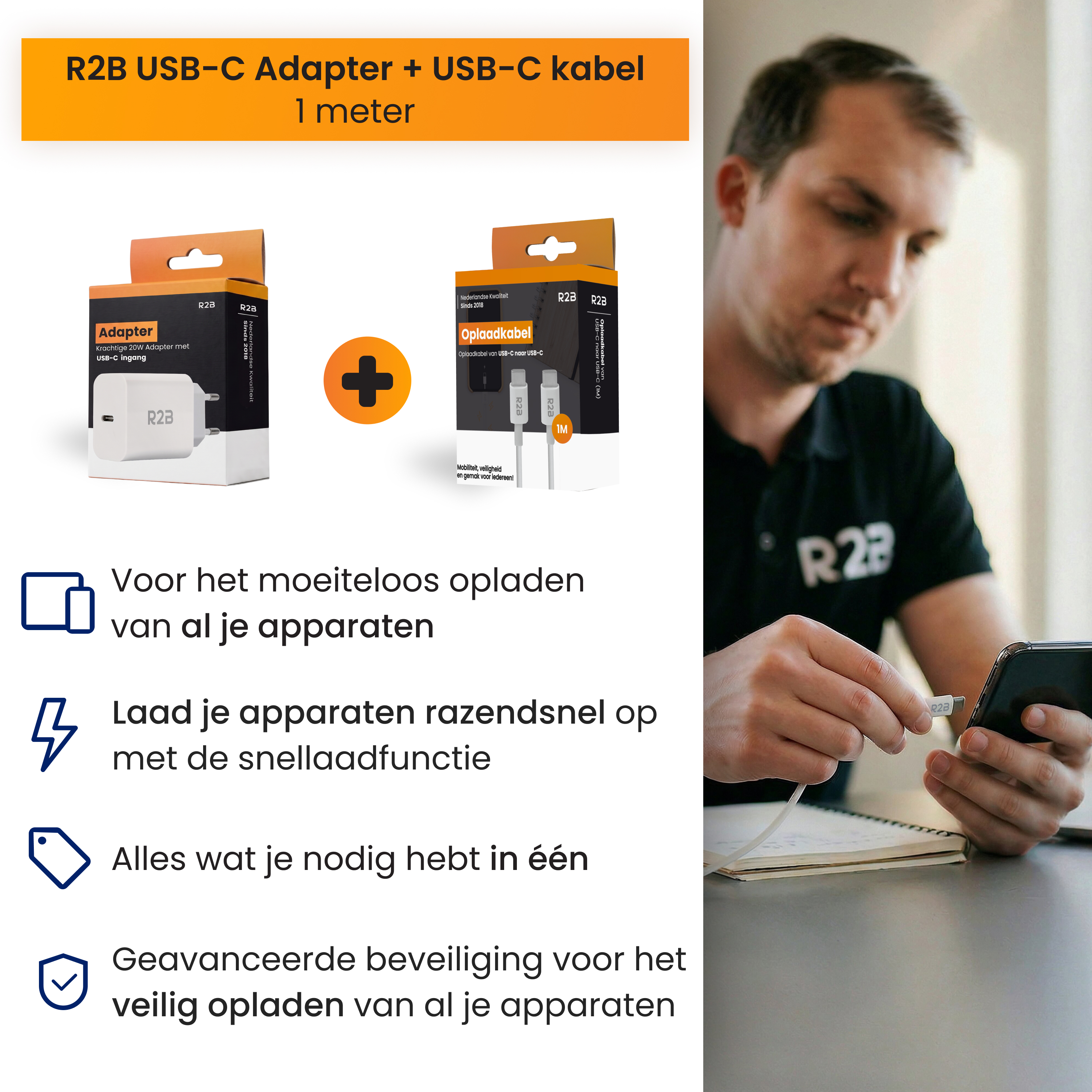 R2B USB-C adapter en kabel: Man steekt kabel in telefoon.