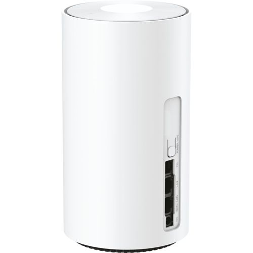 Ein weißer, zylindrischer Router mit LAN-, WAN- und Tel-Anschlüssen auf der Seite.