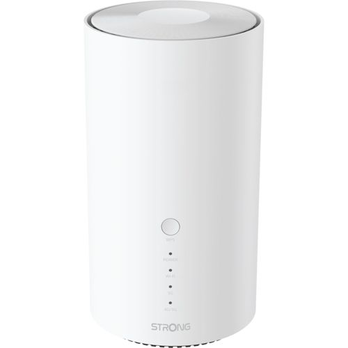 Ein weißer zylindrischer Router mit dem Namen STRONG unten.