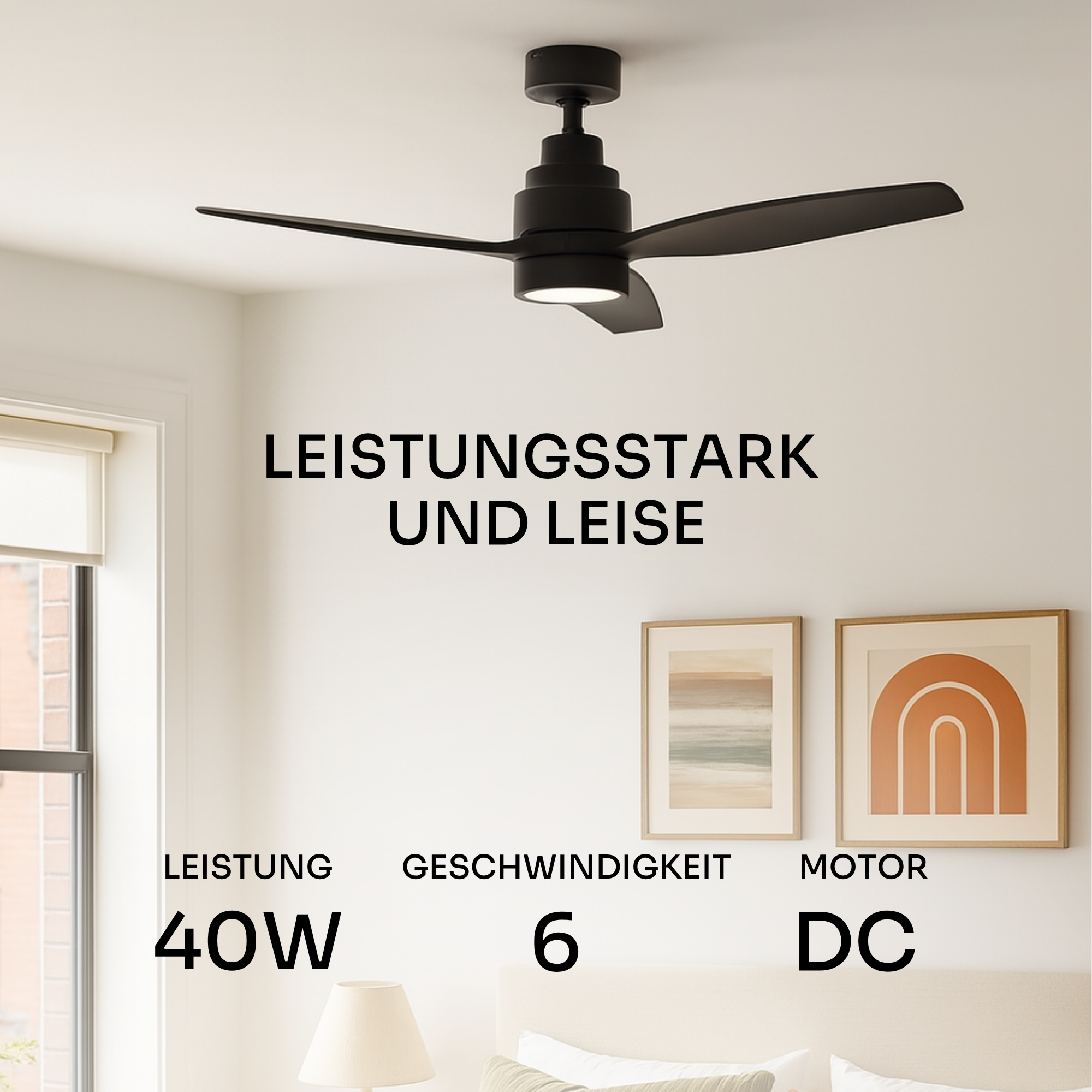 Schwarzer Deckenventilator mit Licht, 40W Leistung, 6 Geschwindigkeiten, DC Motor.