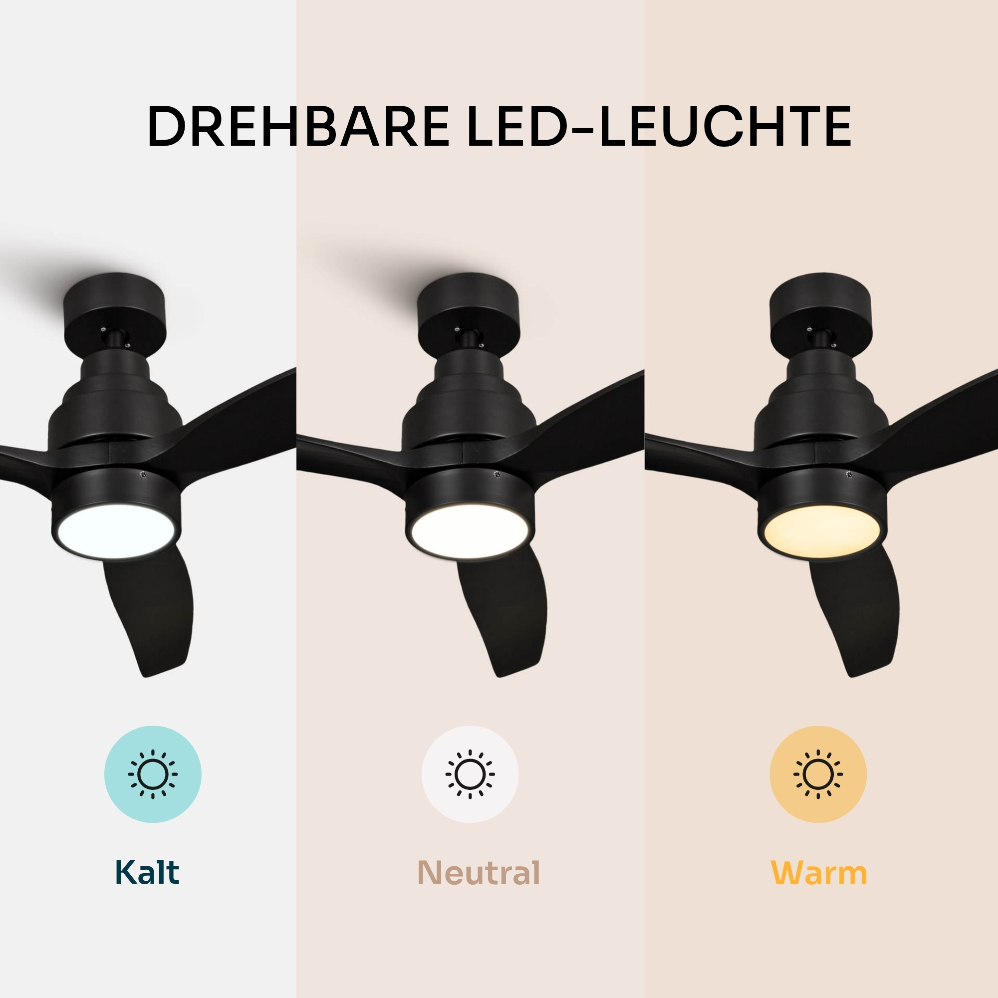 Schwarzer Deckenventilator mit LED-Leuchte in drei Lichtfarben: kalt, neutral, warm.