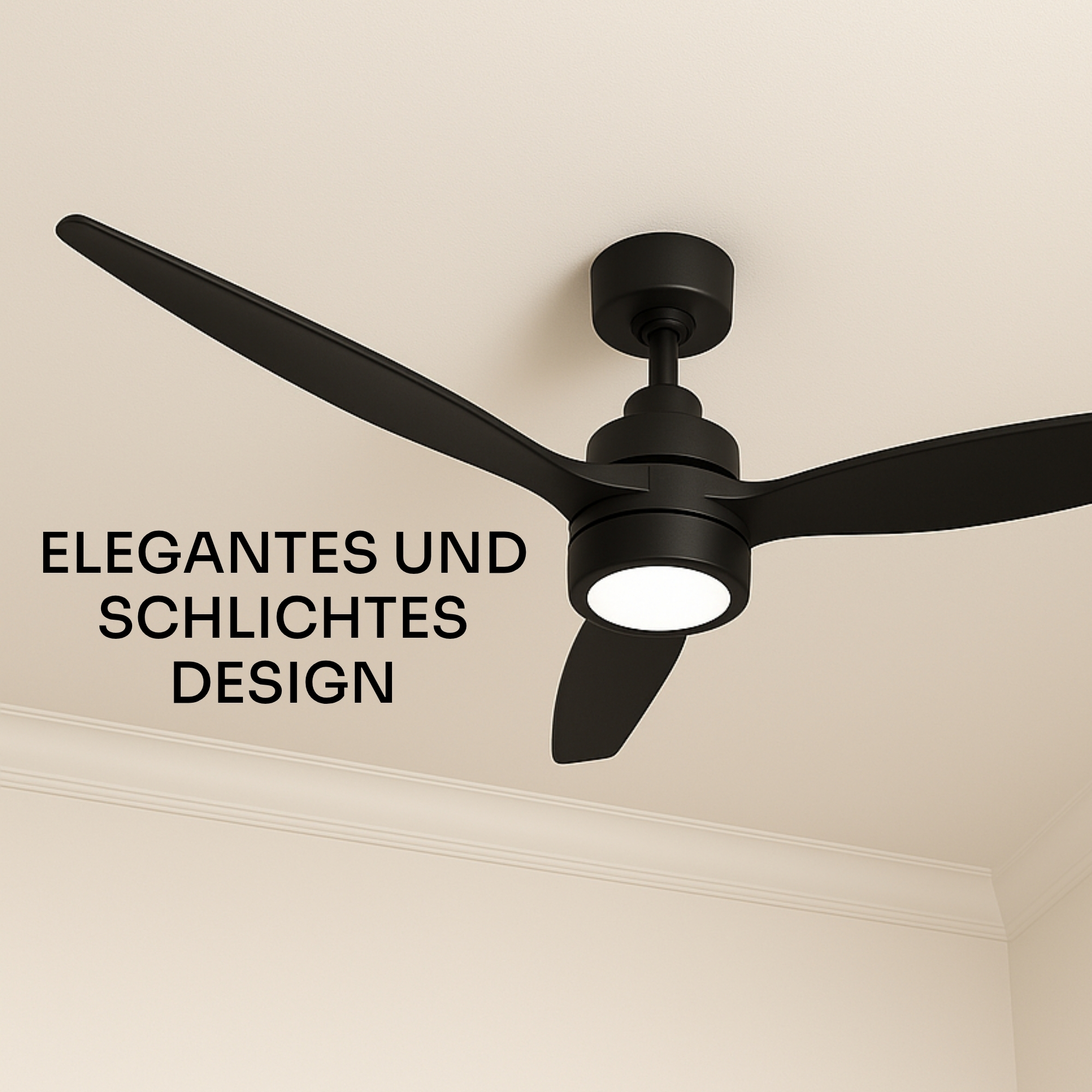 Schwarzer Deckenventilator mit Licht und drei Flügeln.