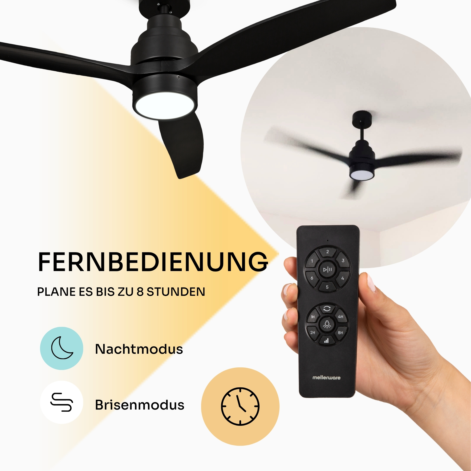 Schwarzer Deckenventilator mit Fernbedienung, Nacht- und Brisenmodus.