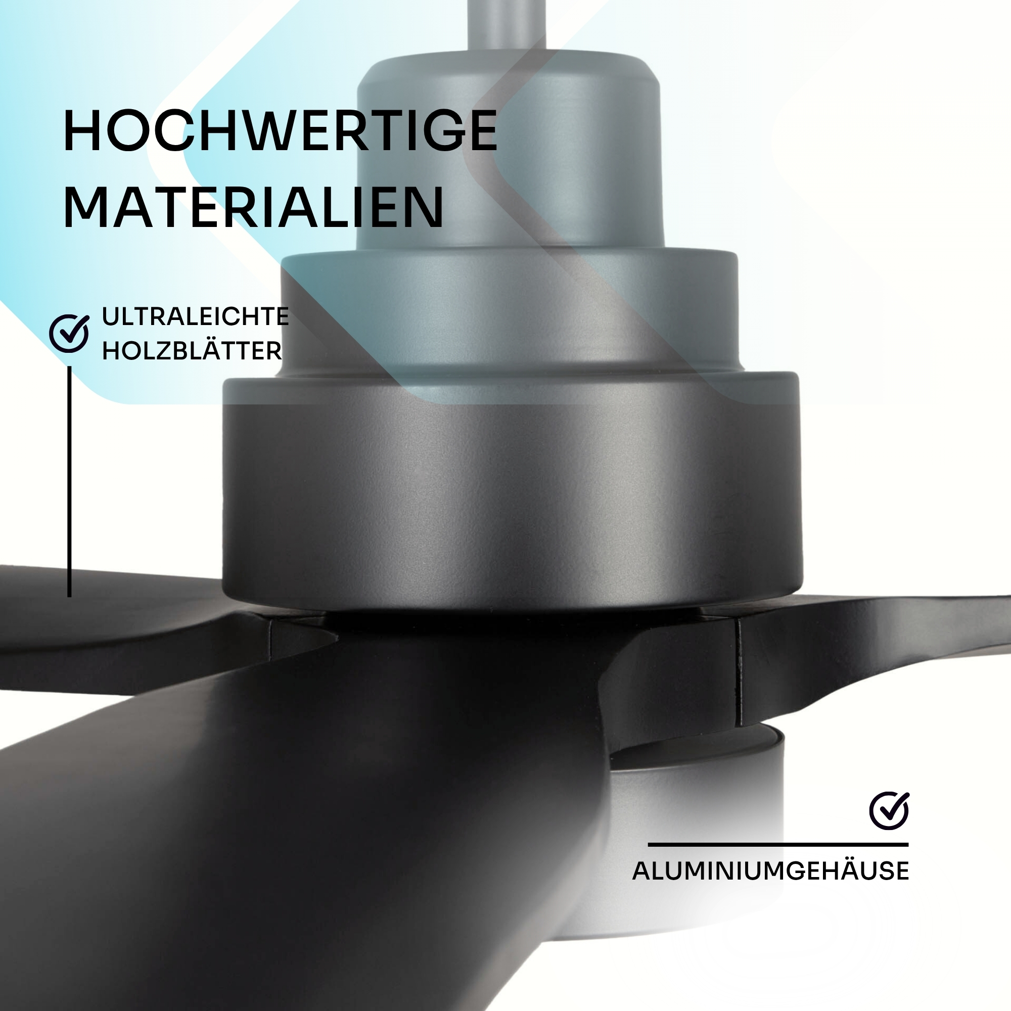 Nahaufnahme eines schwarzen Deckenventilator-Motors mit Text