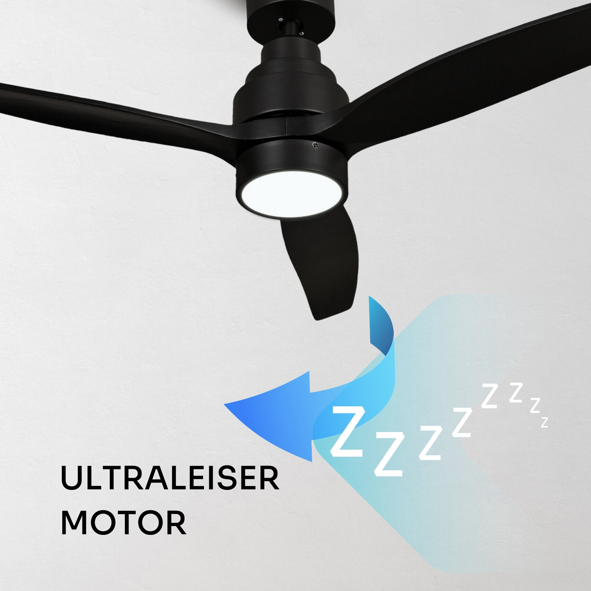 Schwarzer Deckenventilator mit Licht und Pfeil, der "Zzz" für leisen Betrieb anzeigt.