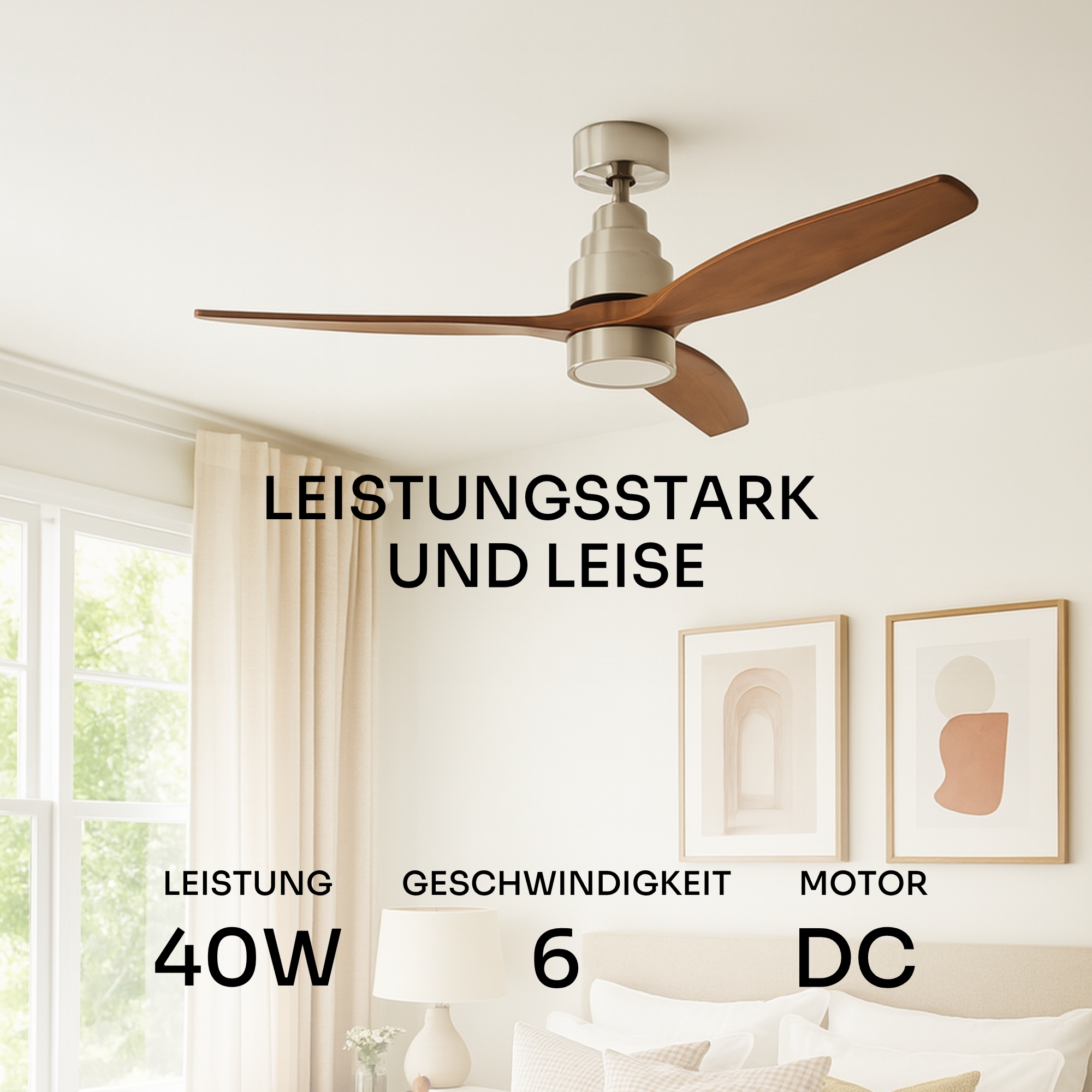 Deckenventilator mit Holzflügeln, Leistung 40W, 6 Geschwindigkeiten, DC Motor.