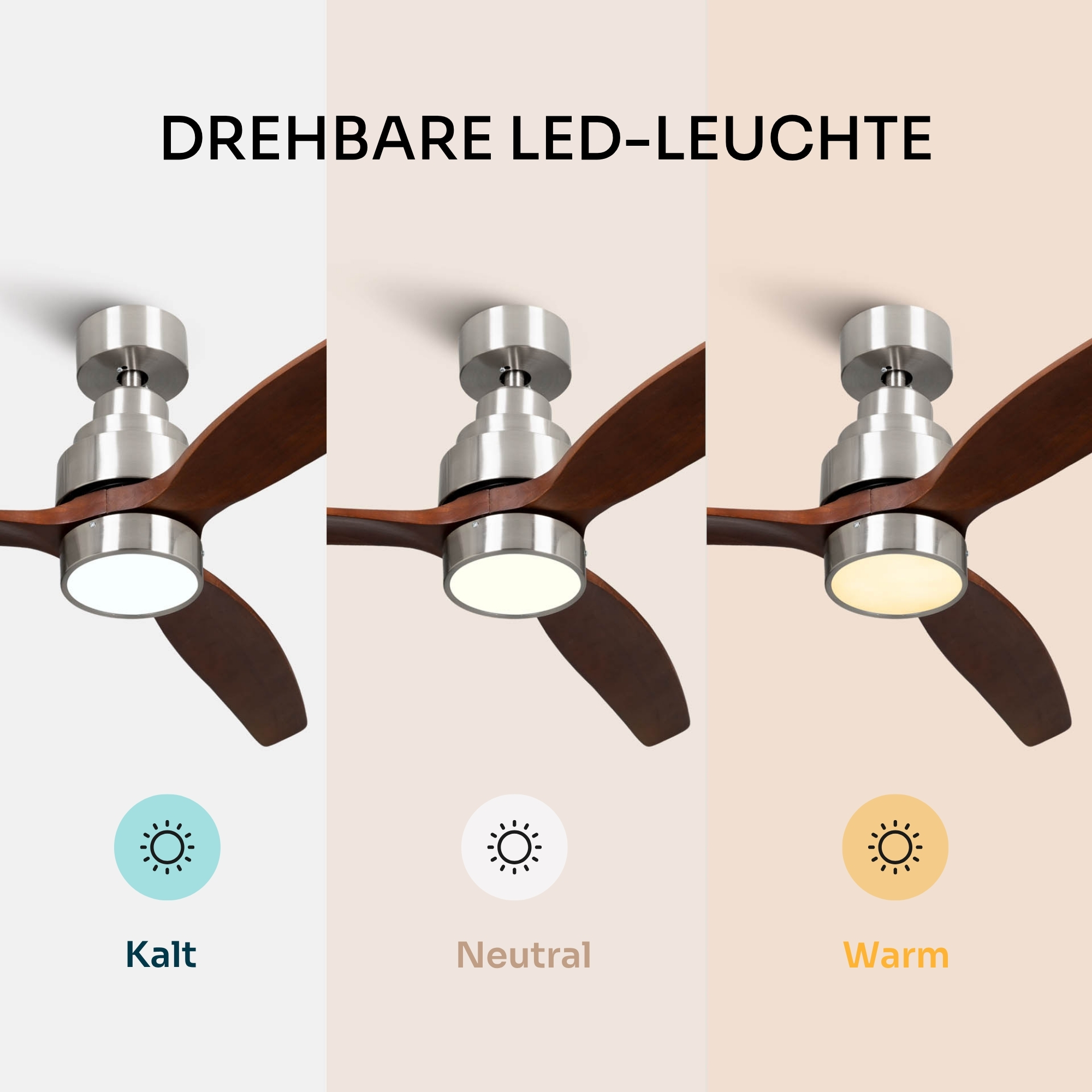 Drehbare LED-Leuchte mit drei Holzlfarbenen Flügeln in kaltem, neutralem und warmem Licht.
