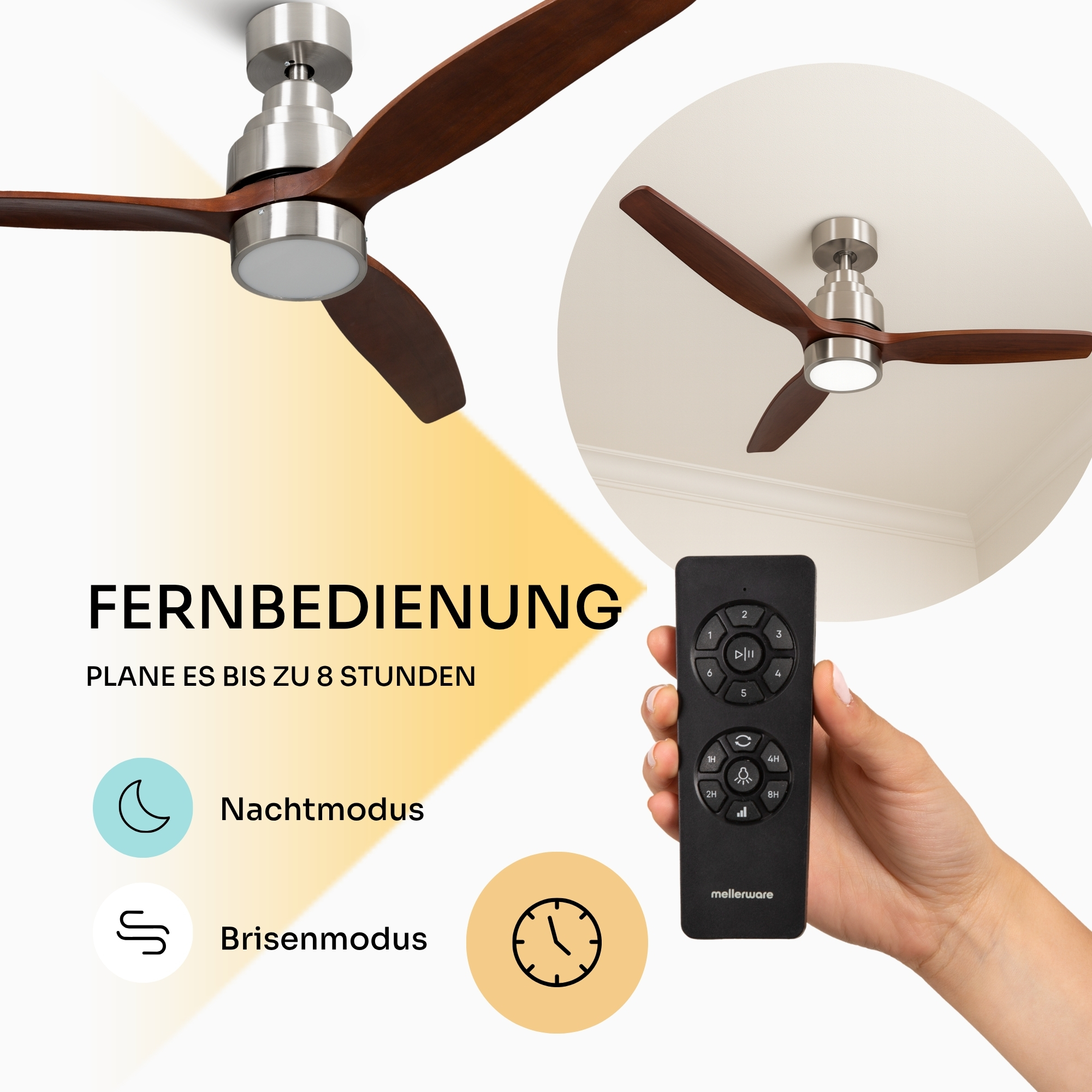Eine Hand hält eine Fernbedienung für einen Deckenventilator mit Holzlattengeschwindigkeitsreglern.