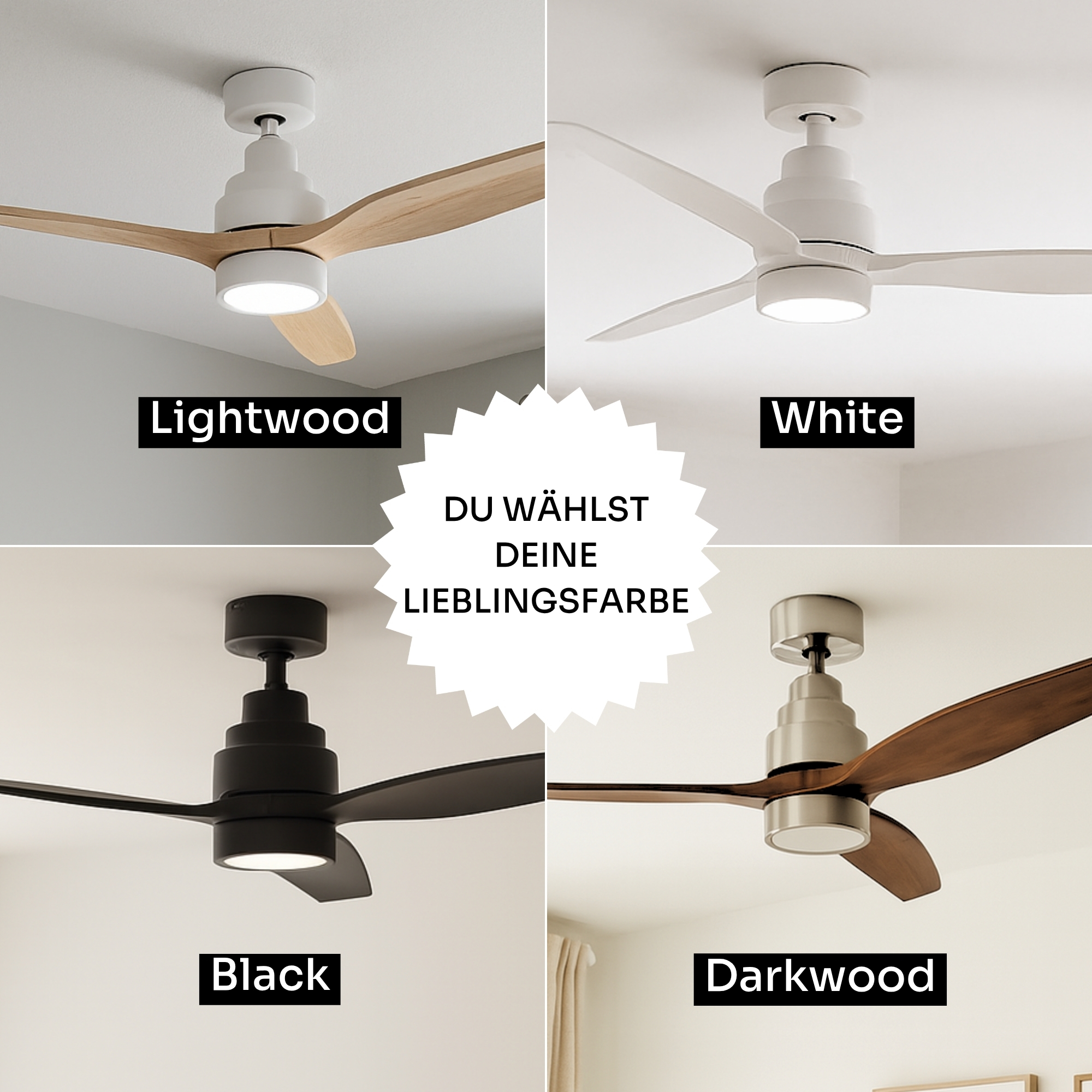 Vier Deckenventilatoren in verschiedenen Ausführungen: Lichtwood, Weiß, Schwarz, Dunkelholz.