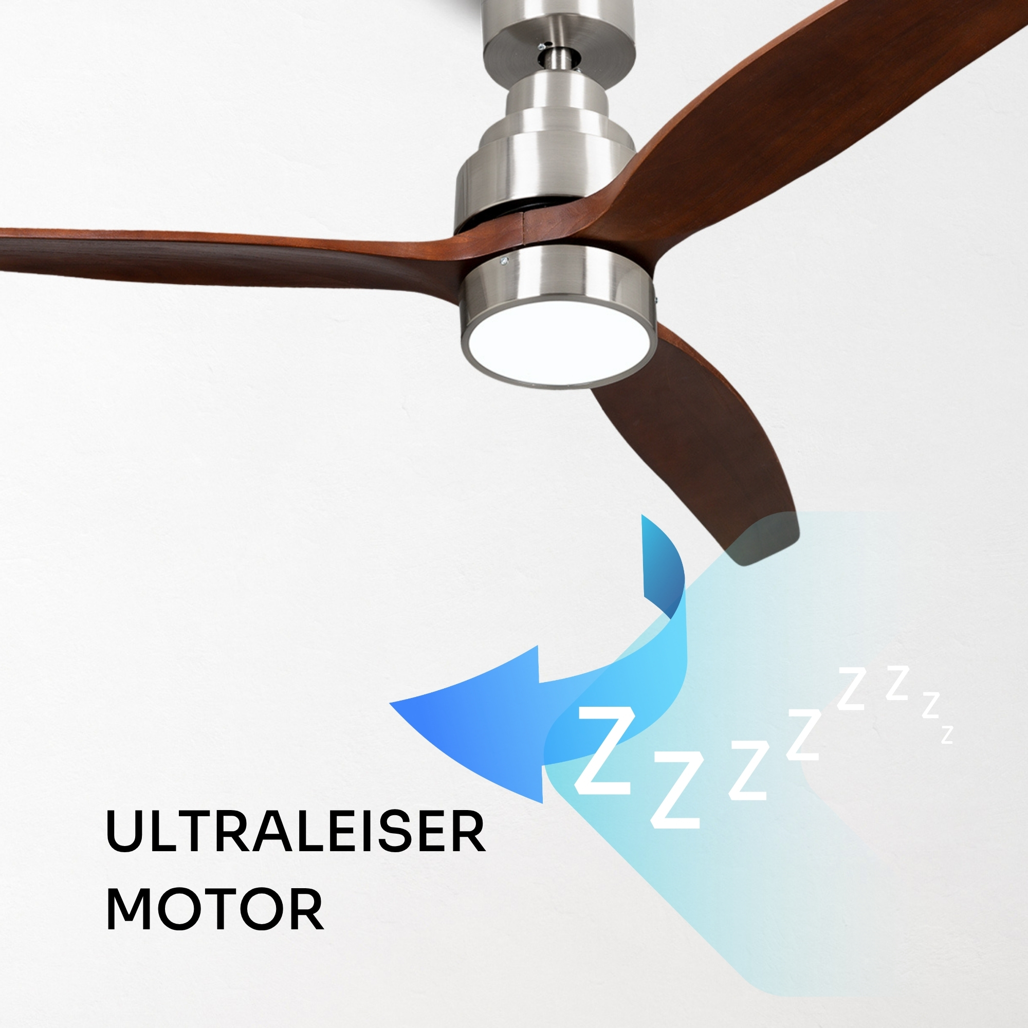 Deckenventilator mit Holzflügeln, LED-Licht und Pfeil-Symbol für leisen Motor.