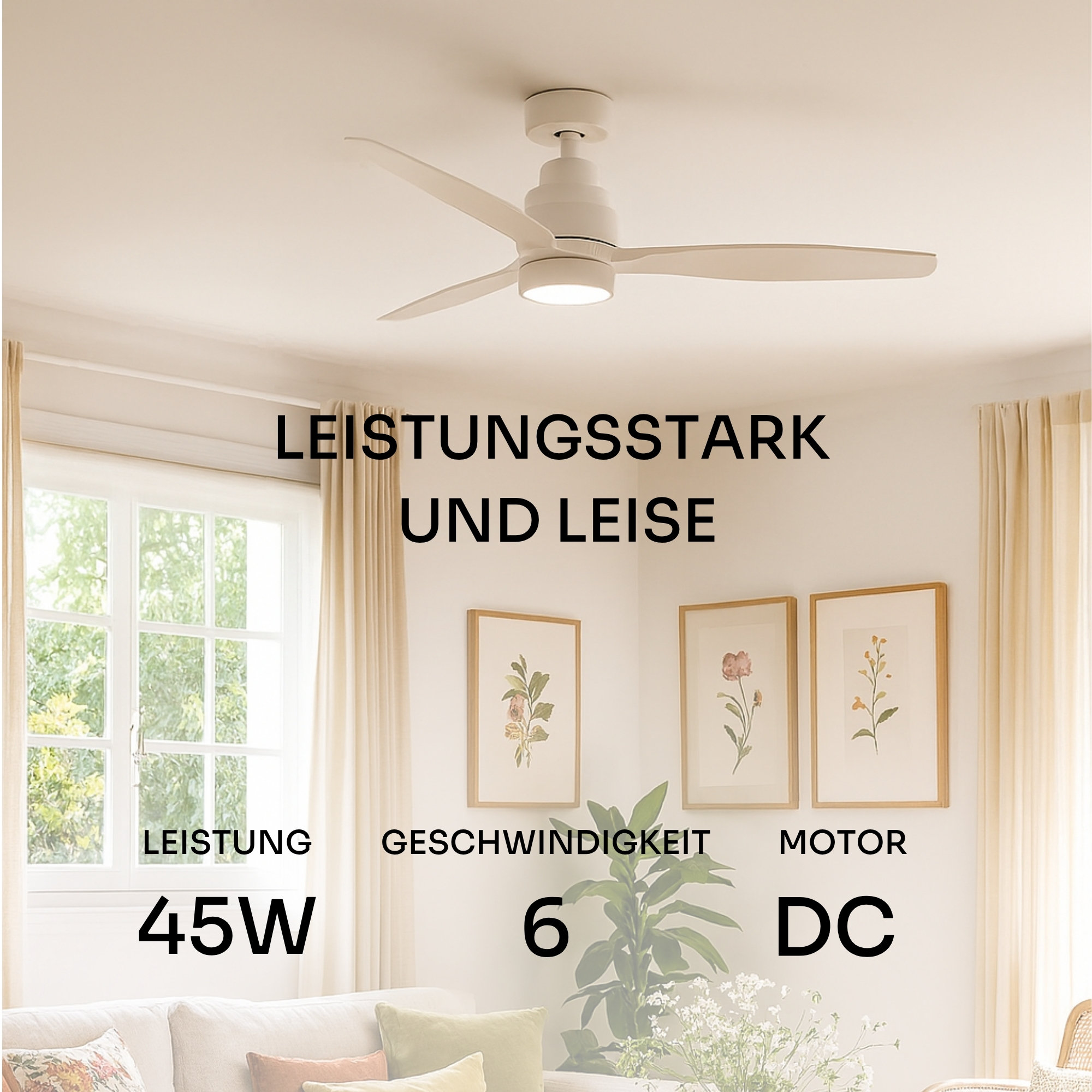 Deckenventilator mit Licht, 45W, 6 Geschwindigkeiten, DC Motor.