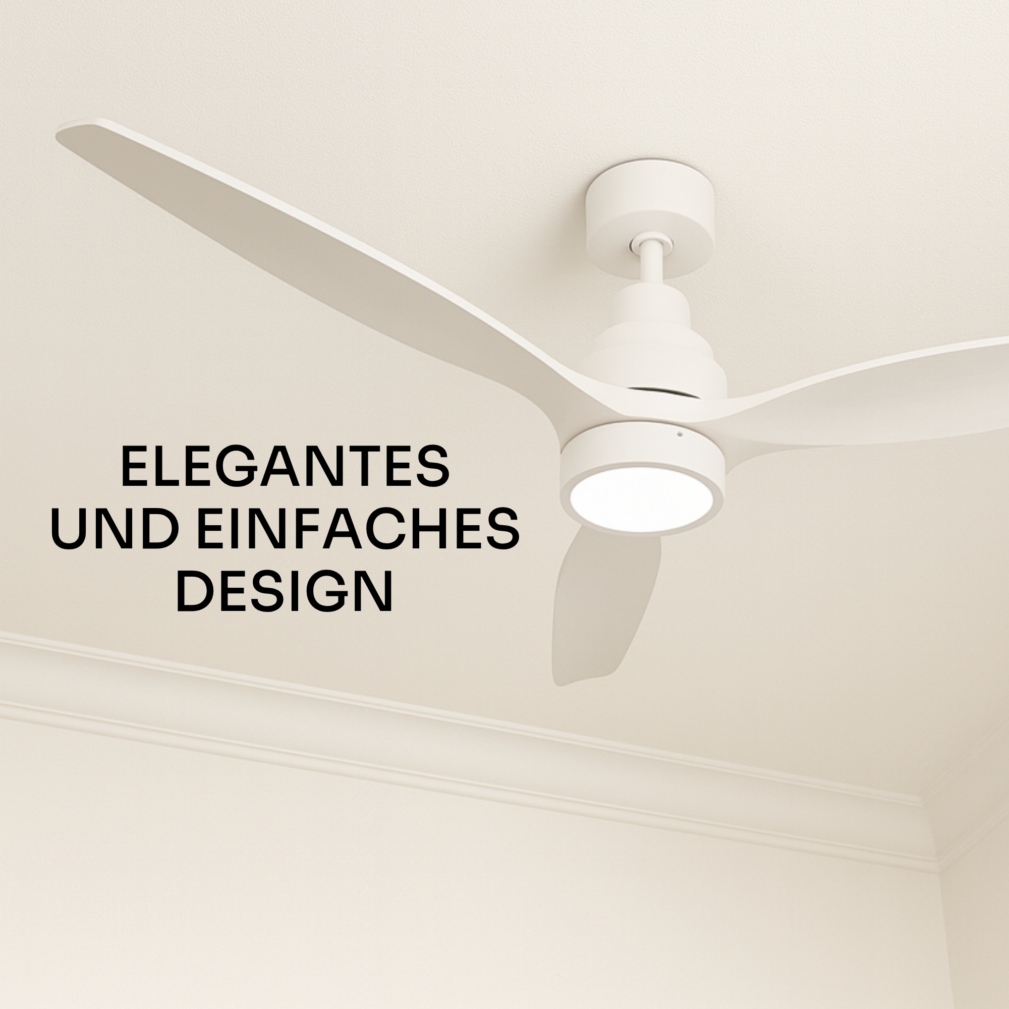 Ein moderner weißer Deckenventilator mit integrierter Beleuchtung.