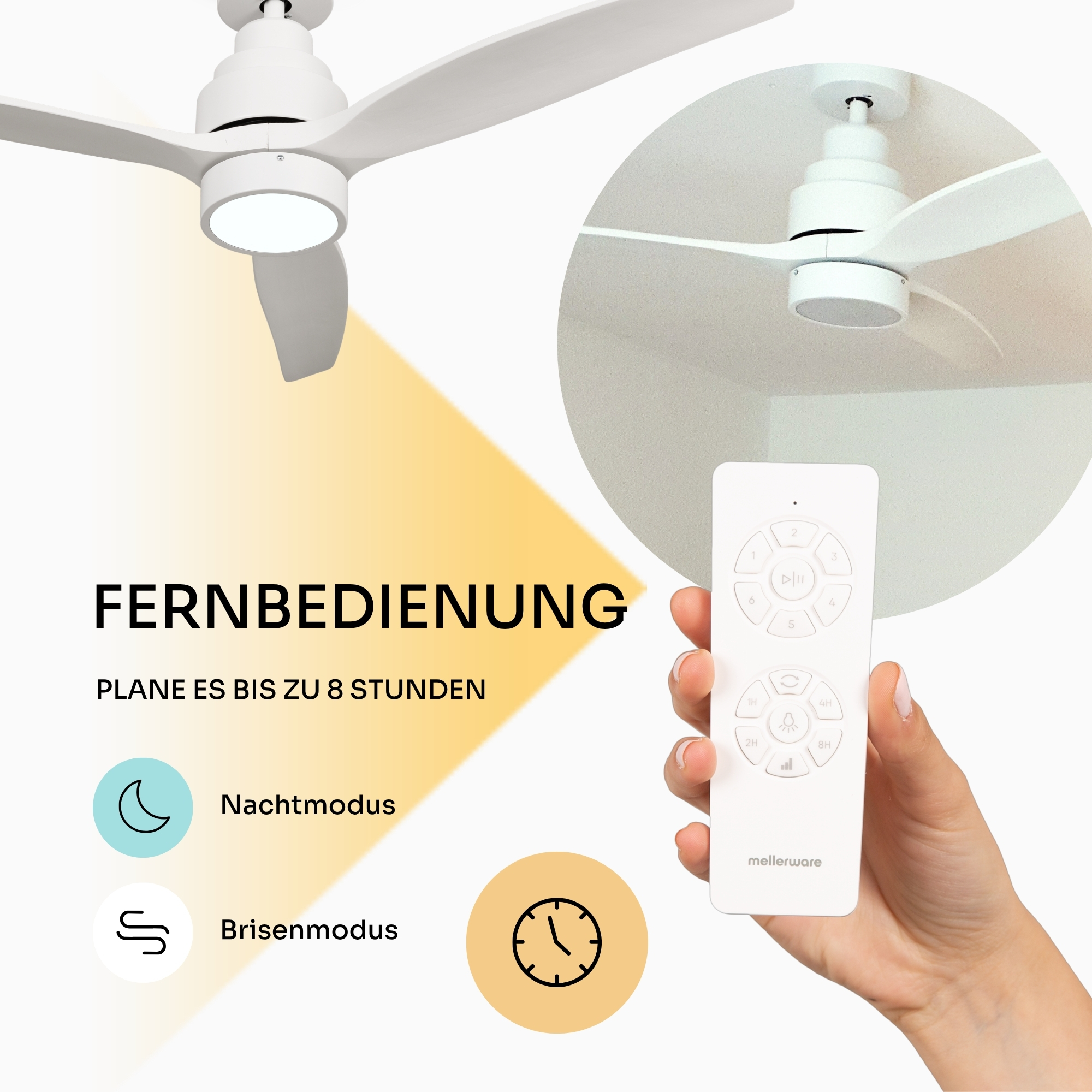 Weiße Deckenventilator mit Fernbedienung und Timer-Optionen.