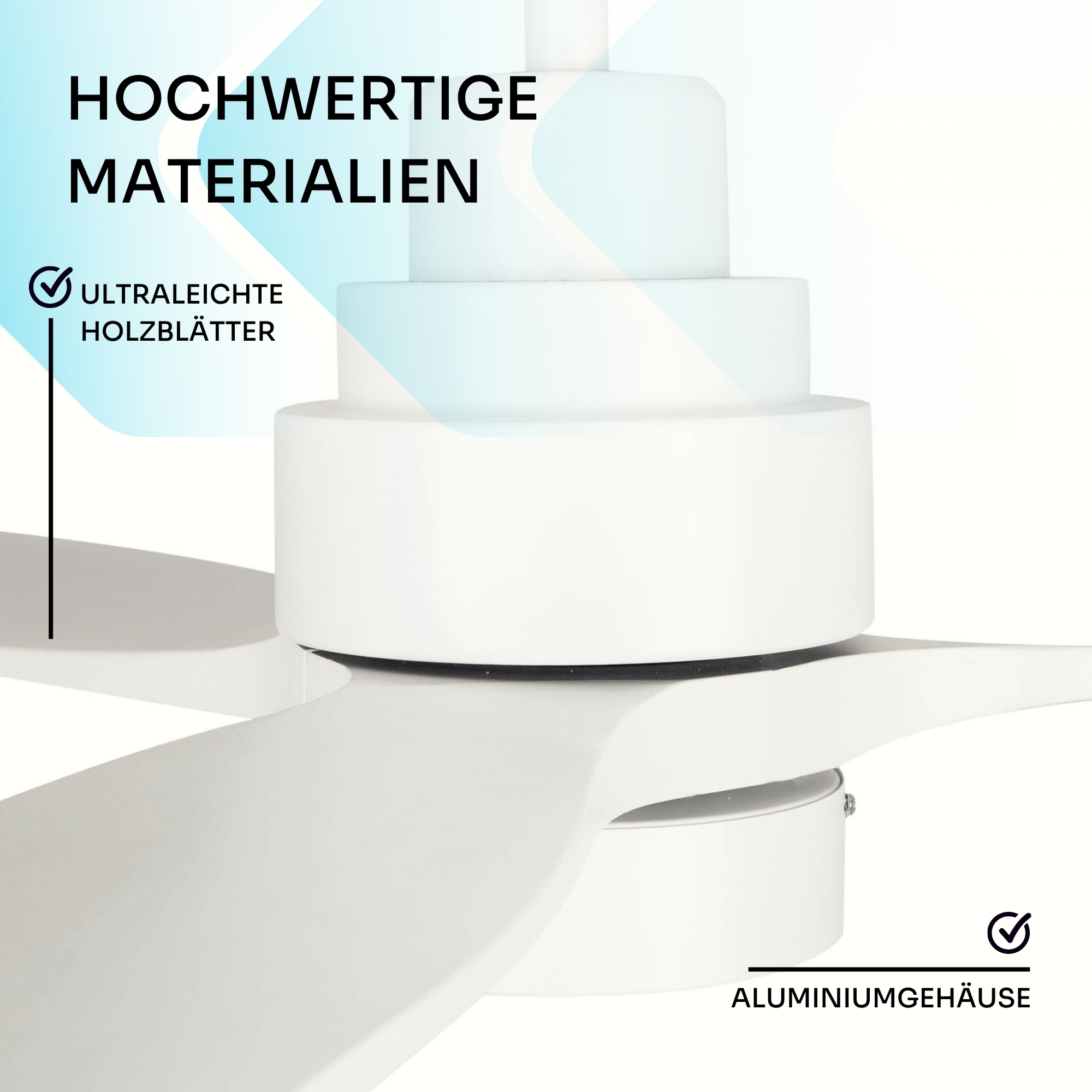 Deckenventilator mit Ultraleicht-Holzblättern und Aluminiumgehäuse.