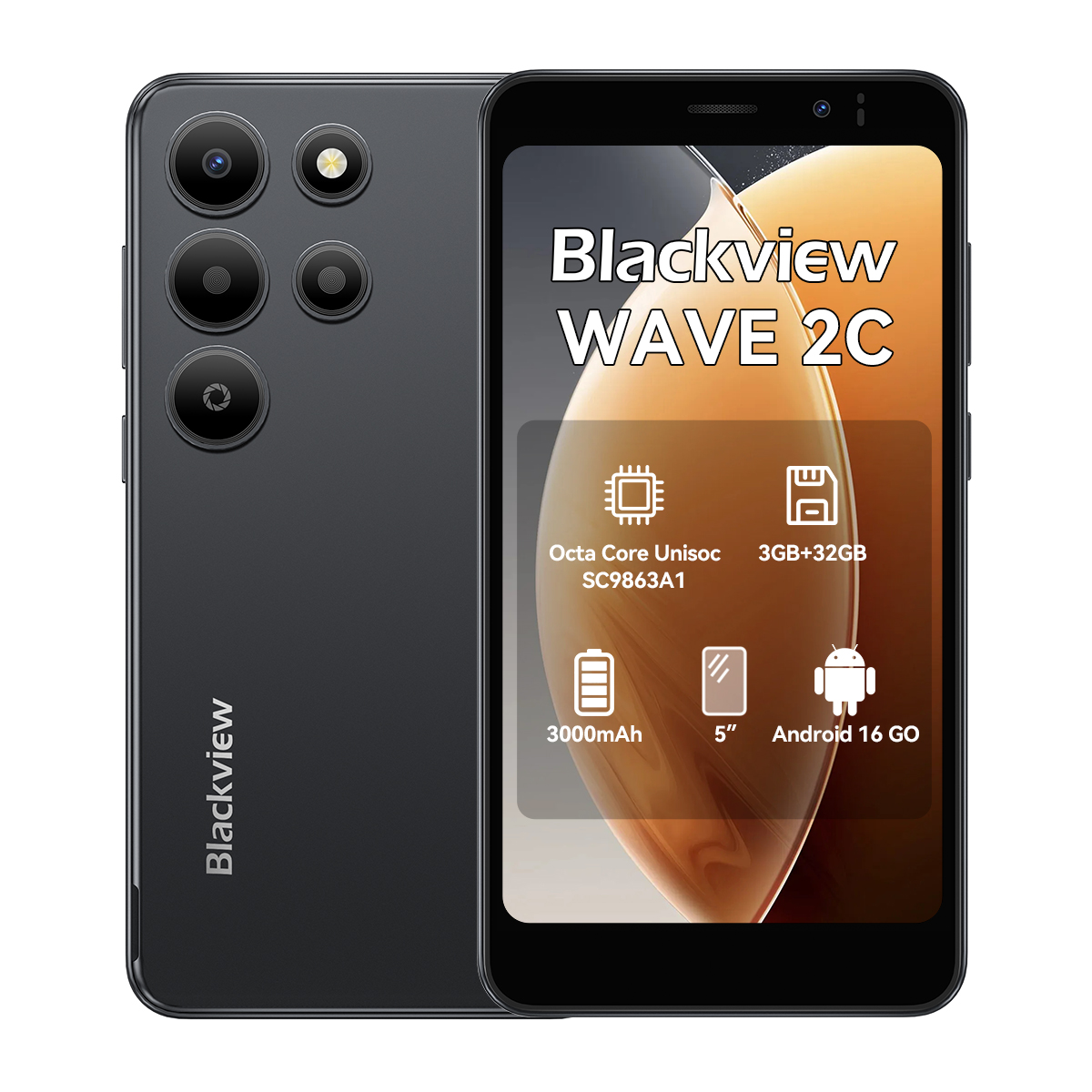 Teléfono inteligente negro con cuatro cámaras traseras y especificaciones en pantalla.