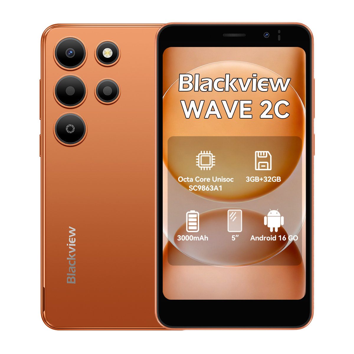 Smartphone naranja Blackview WAVE 2C con cámara cuádruple e iconos.