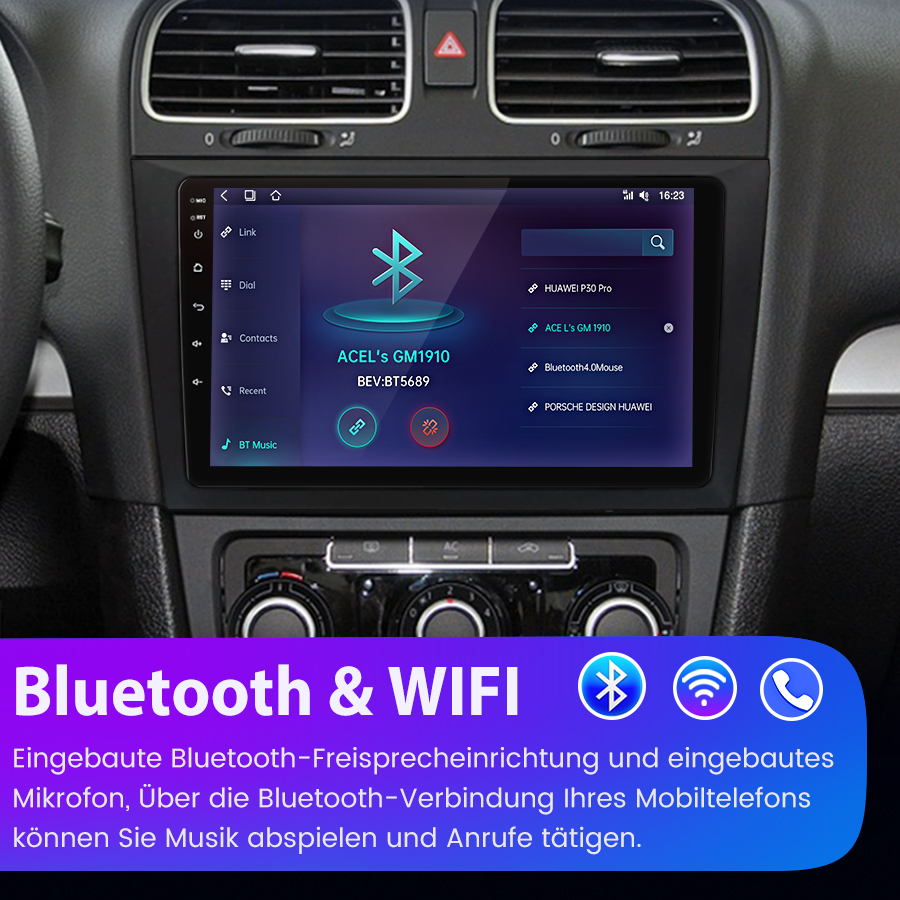 Ekran dotykowy radia samochodowego wyświetla opcje połączenia Bluetooth.