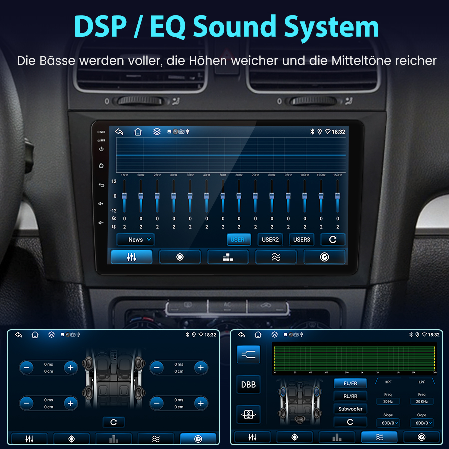 Samochodowy system audio z ustawieniami korektora i konfiguracjami głośników.