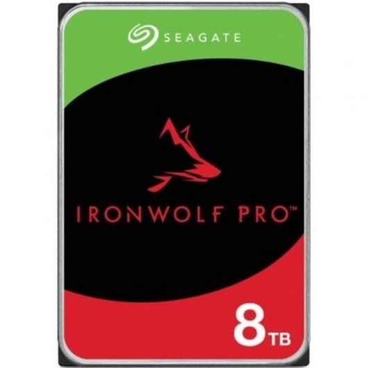 Hard disk Seagate IronWolf Pro da 8TB con logo testa di lupo rossa.