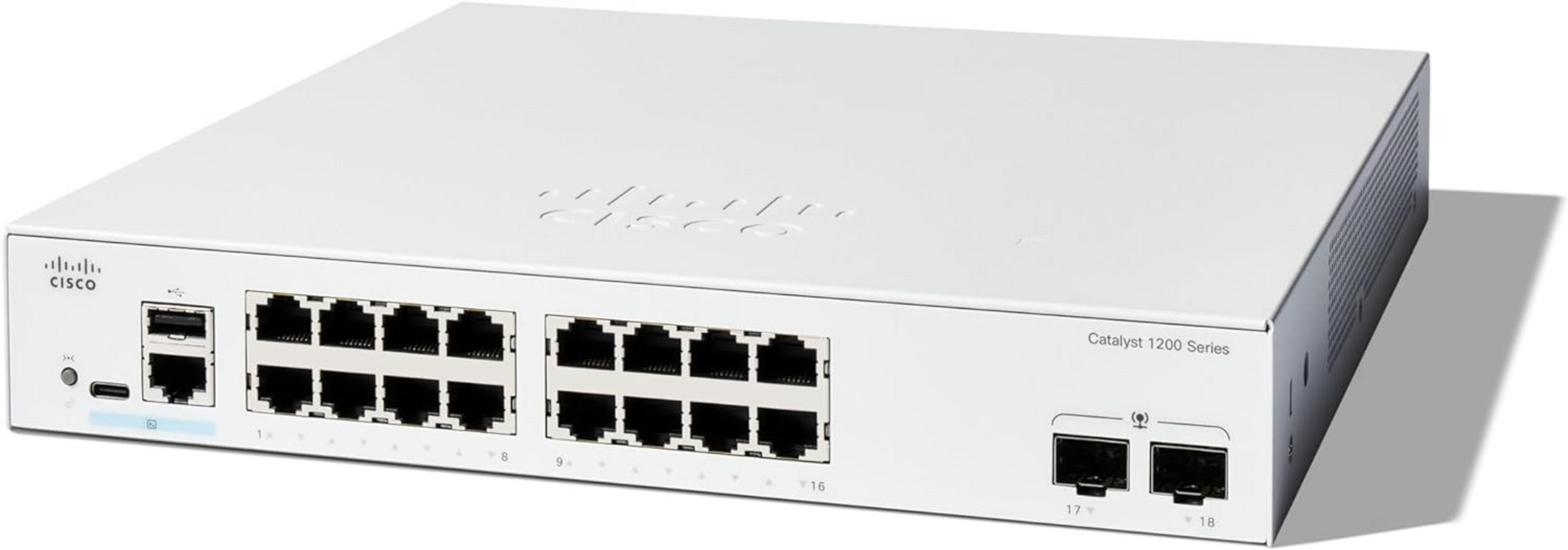 Uno switch di rete Cisco Catalyst 1200 Series bianco con più porte.